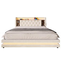 SAMETOVÁ čalouněná postel 180/200 cm s LED, USB-C a hydraulickým úložným prostorem, Béžová - béžová, textil (180/200cm) - Redom