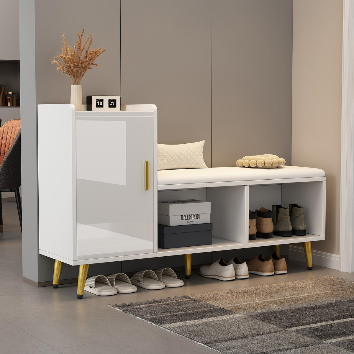 SCHUHSCHRANK Weiß Gold Sitzbank Hochglanz Stauraum Flur - Weiß, Holzwerkstoff (35/71.5/120cm) - FLIEKS