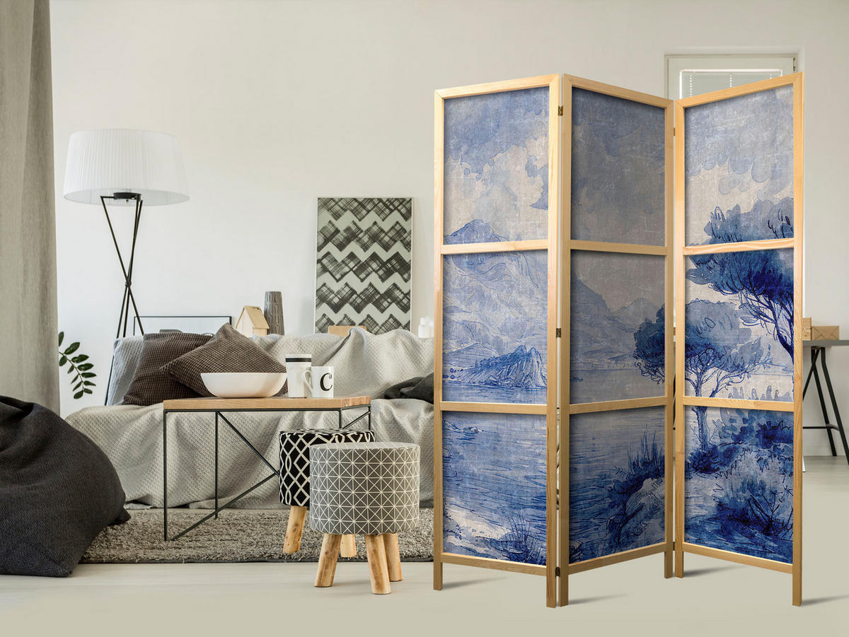 PARAVENT Japanischer 3-tlg 135x172 cm Blaue Landschaft - Blau, Holz/Textil (135/172/3cm) - Muralo
