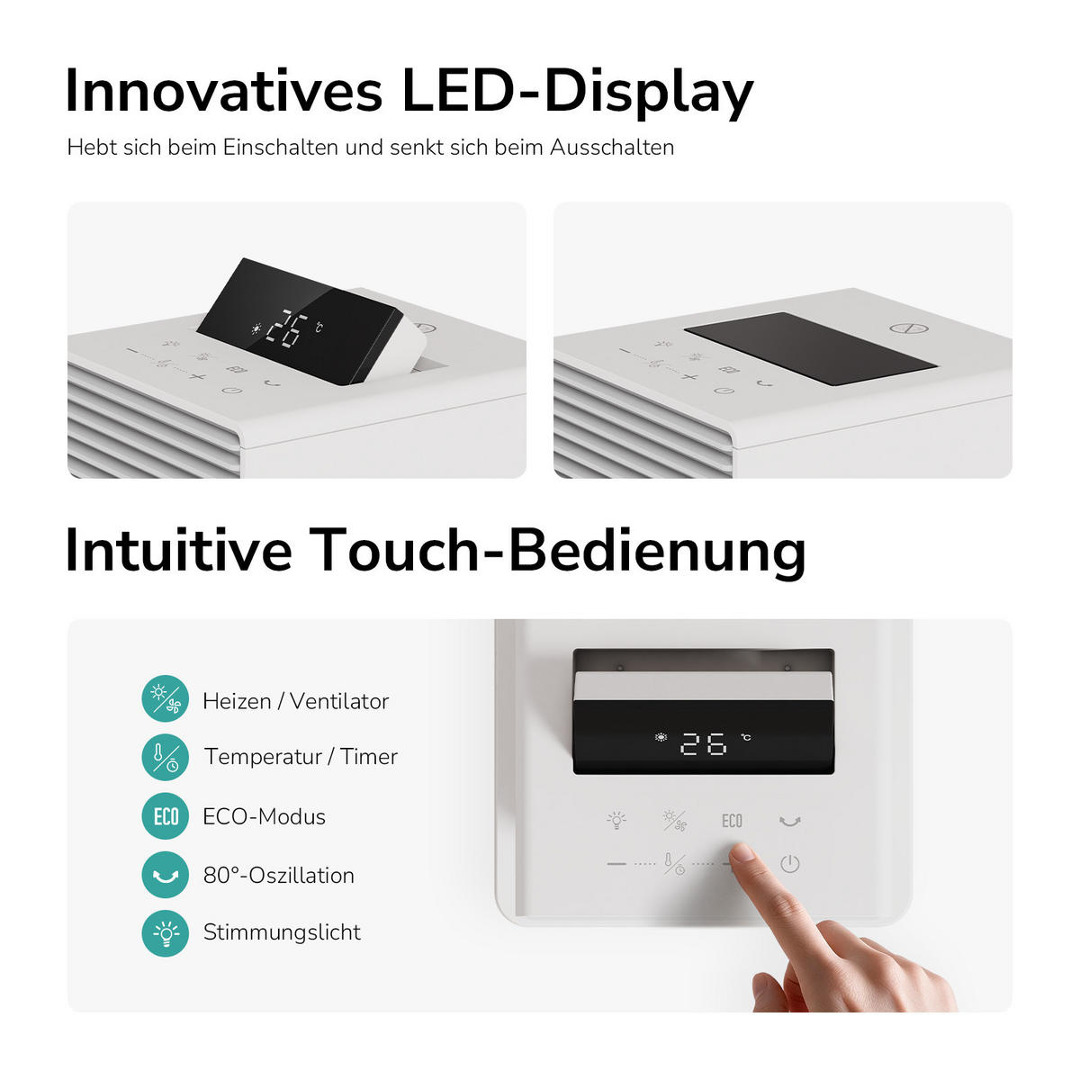 HEIZLÜFTER 2 in 1 mit Ventilator 70 x 24 cm, LED Display, Fernbedienung, Weiß - Weiß, Keramik/Kunststoff (24/70/24cm) - EMKE