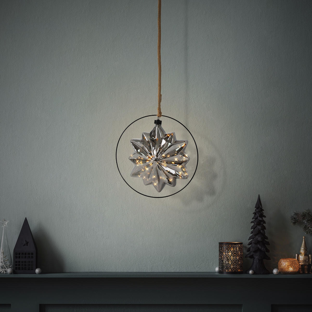 LED-WEIHNACHTSSTERN Ø18cm 40LED Warmweiß Grau 80cm Seil/Metallring - Grau, Metall (2/105/25cm) - ECD-Germany