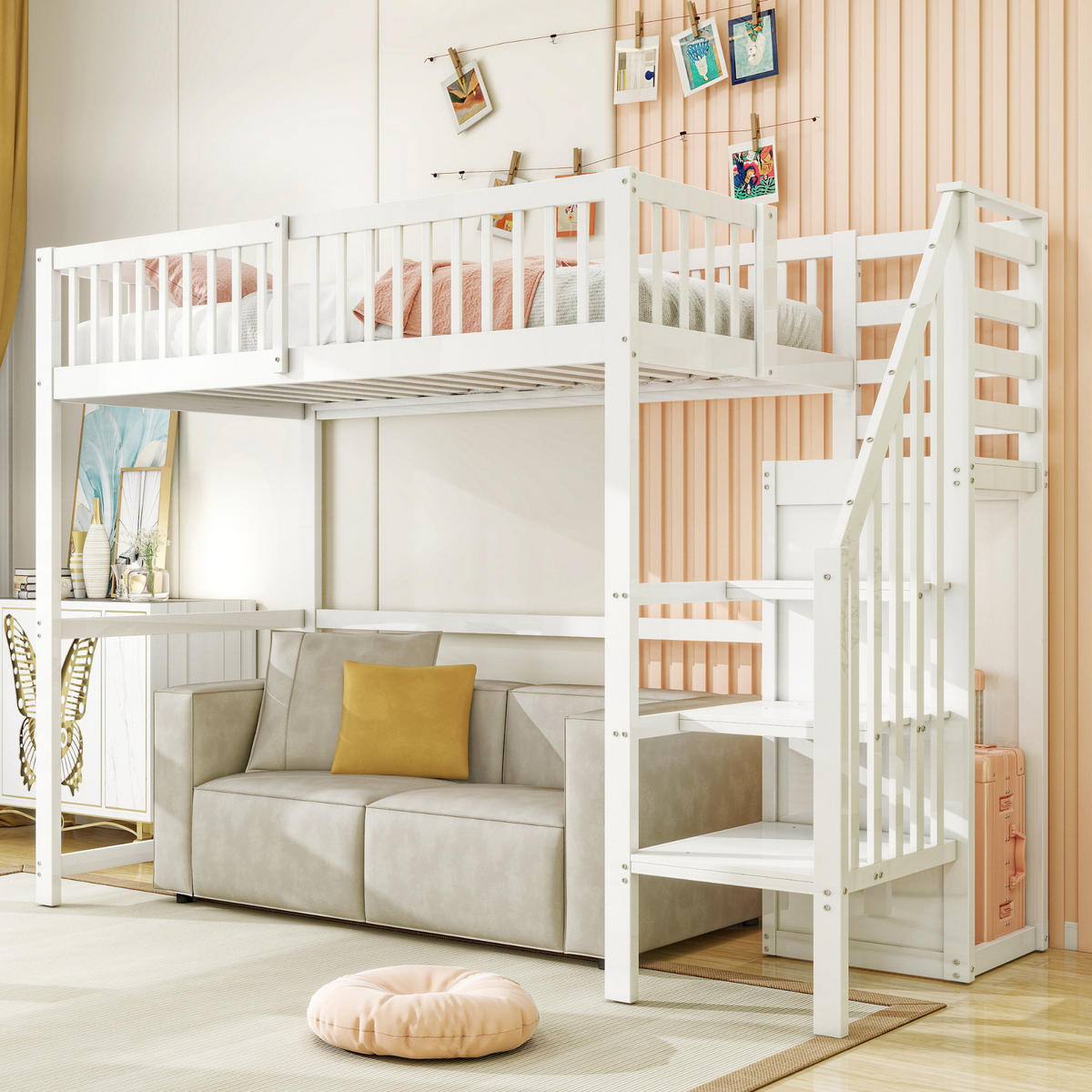 HOCHBETT aus Holz 90x200 cm in Weiß mit Treppe & Kleiderschrank - Weiß, Holz (90/200cm) - Modfu