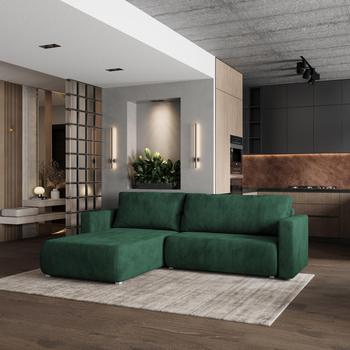 ROHOVÁ SEDAČKA TURIN zelená barva - šedá/zelená barva, dřevo/textil (265/183cm) - MASSENO