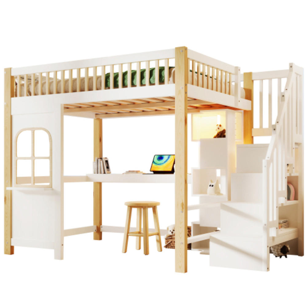 HOCHBETT 140 × 200 cm aus Kiefernholz mit Spielhaus-Unterbau, LED-Leiste und Stauraumleiter, weiß-natur - Weiß, Holz - Luhomfu