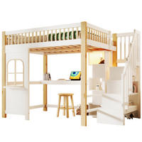 HOCHBETT 140 × 200 cm aus Kiefernholz mit Spielhaus-Unterbau, LED-Leiste und Stauraumleiter, weiß-natur - Weiß, Holz - Luhomfu