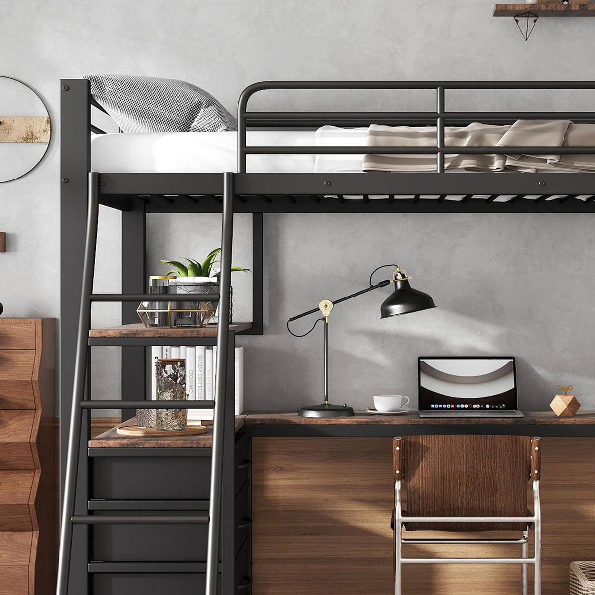 ETAGENBETT 90/200 cm schwarz aus Metall mit Tisch und 3 Schubladen - Schwarz, Metall (90/200cm) - OKWISH