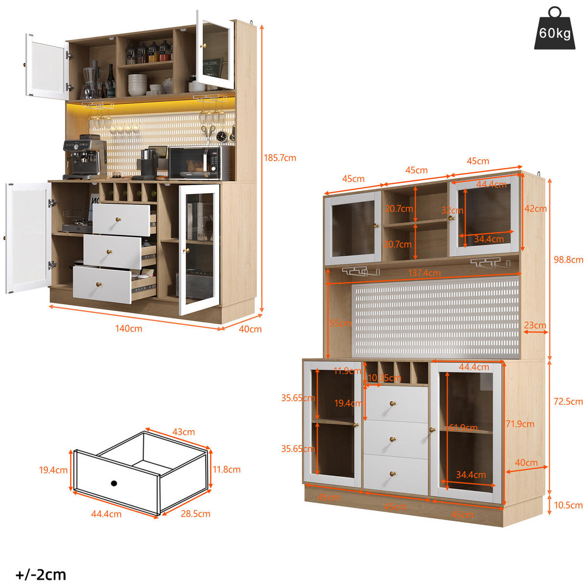 KREDENCA iz MDF-ja in stekla, 140/40/185,7 cm, bela z LED-osvetlitvijo - bela, leseni material (140/185.7/40cm) - Modenvie
