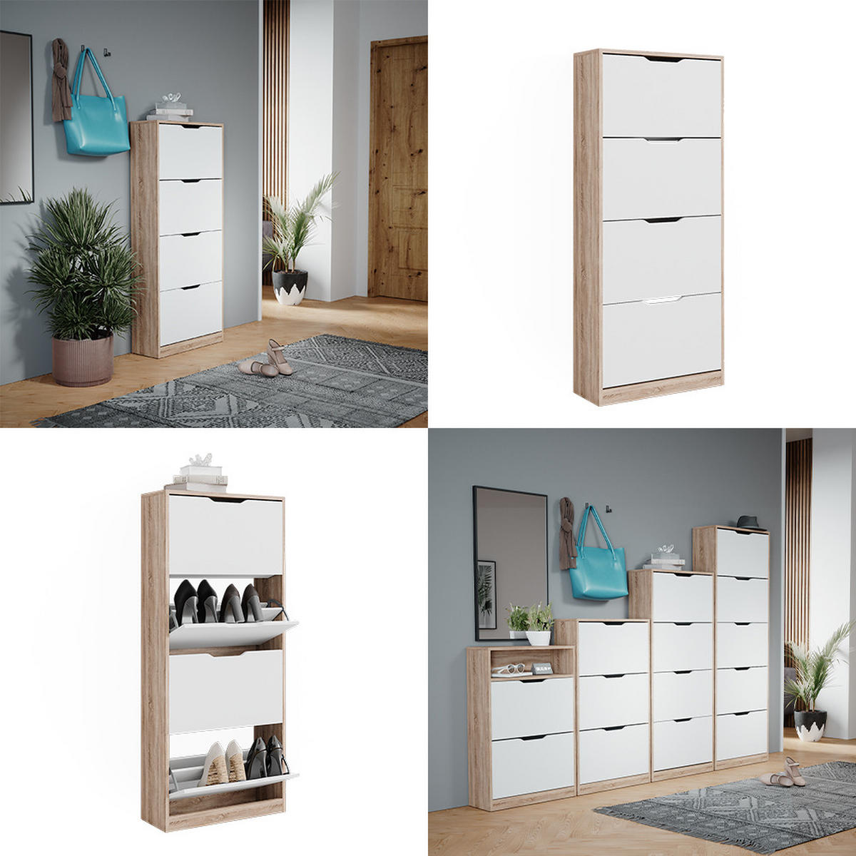 SCHUHKIPPER Luca Sonoma/Weiß 59 x 137 cm mit 4 Klappschubladen - Weiß/Sonoma Eiche, Holzwerkstoff (59/137/22cm) - Vicco