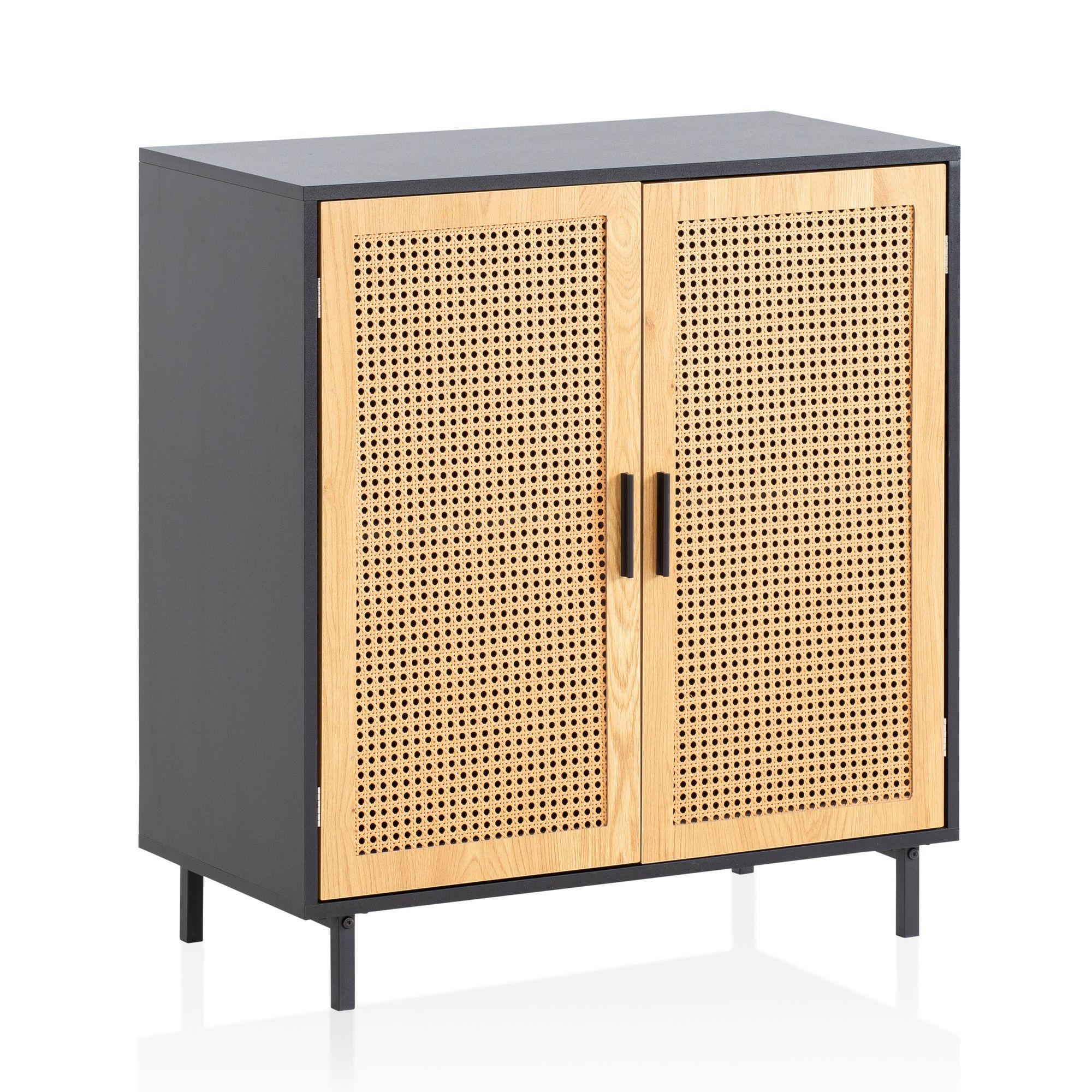 SIDEBOARD – Schwarz, 80x86,5x40 cm, mit Wiener Geflecht, 2 Türen, hoch - Schwarz, Holzwerkstoff/Metall (80/87/40cm) - KADIMA DESIGN