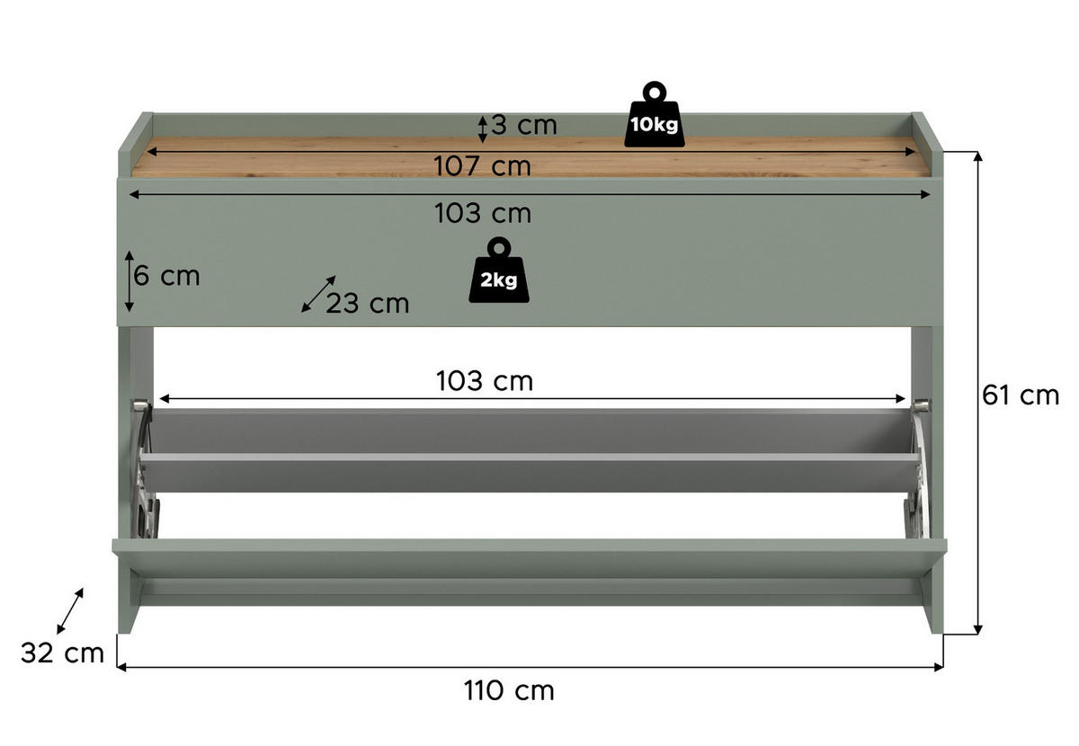 SCHUHKIPPER Salbei grün, Artisan Eiche 110 cm, Schuhschrank hängend - Salbeigrün/Eiche Artisan, Holzwerkstoff (110/61/32cm) - Inn.Furn