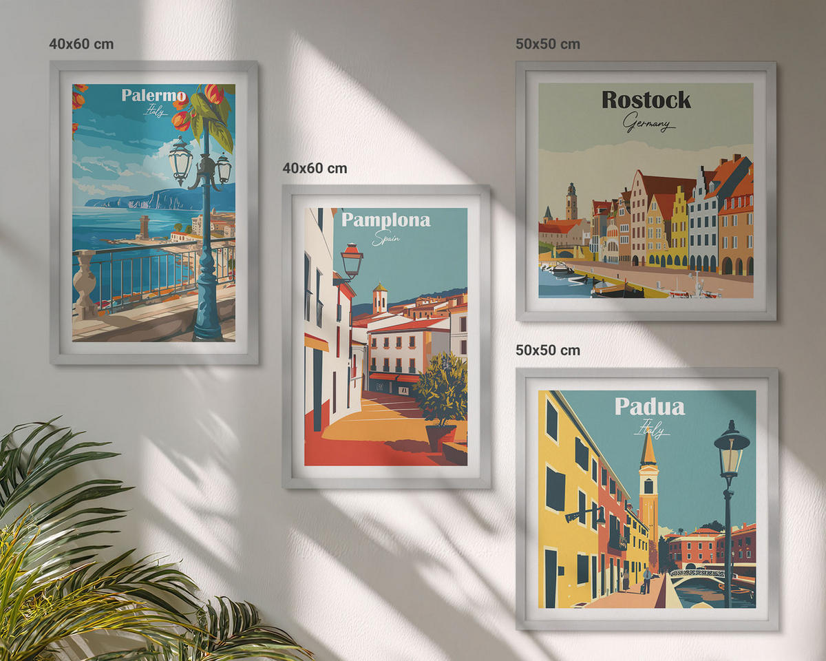 BILDER SET 4er Set - 50x50 cm & 40x60 cm Silberner Rahmen - Retro-Stadtillustrationen - Silberfarben, Kunststoff (50/50cm) - TULUP