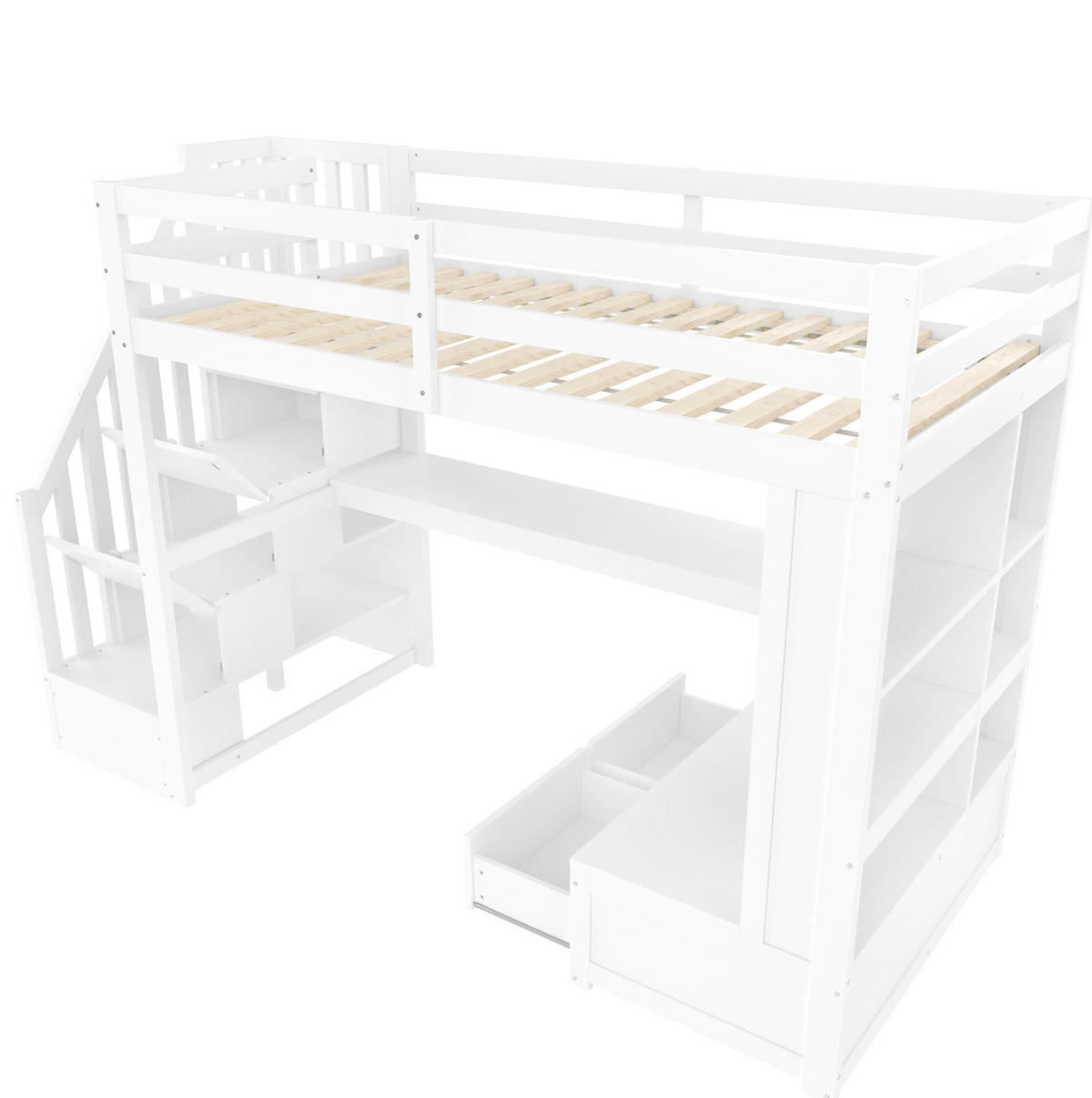 HOCHBETT aus Kiefer, MDF und Sperrholz 90x200 cm Weiß mit Schreibtisch, Stauraumtreppe und LED-Beleuchtung - Weiß, Holzwerkstoff (90/200cm) - Modfu