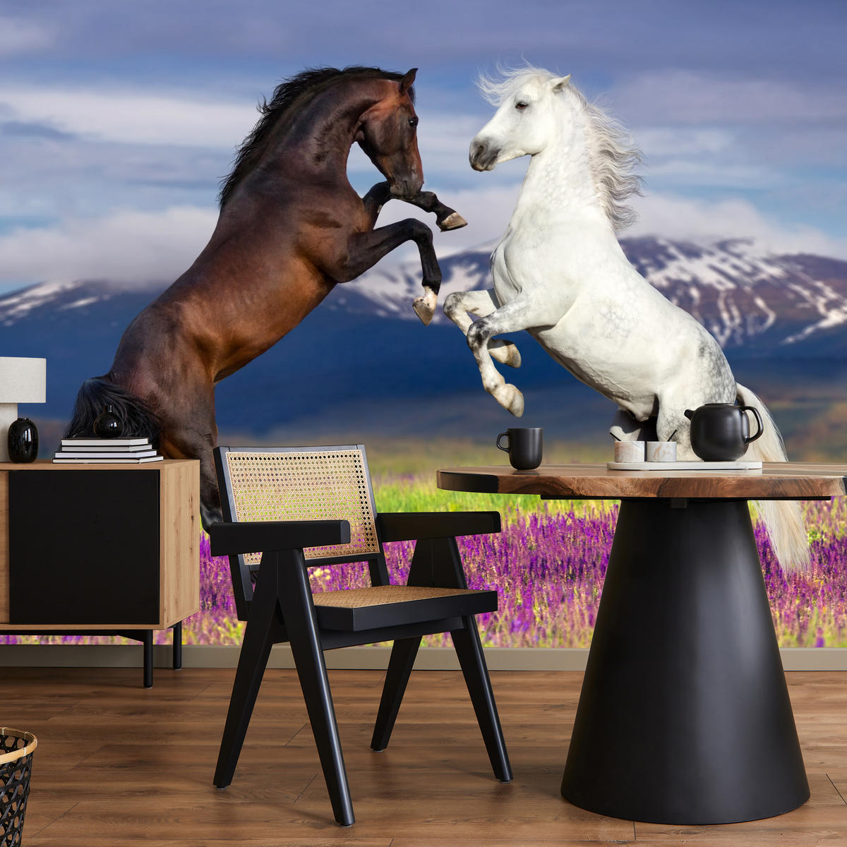 FOTOTAPETA Pre Jedáleň Kone Levanduľové Pole Hory Provensálsko 350 x 256 cm - hnedá/čierna, papier (350/256cm) - Muralo