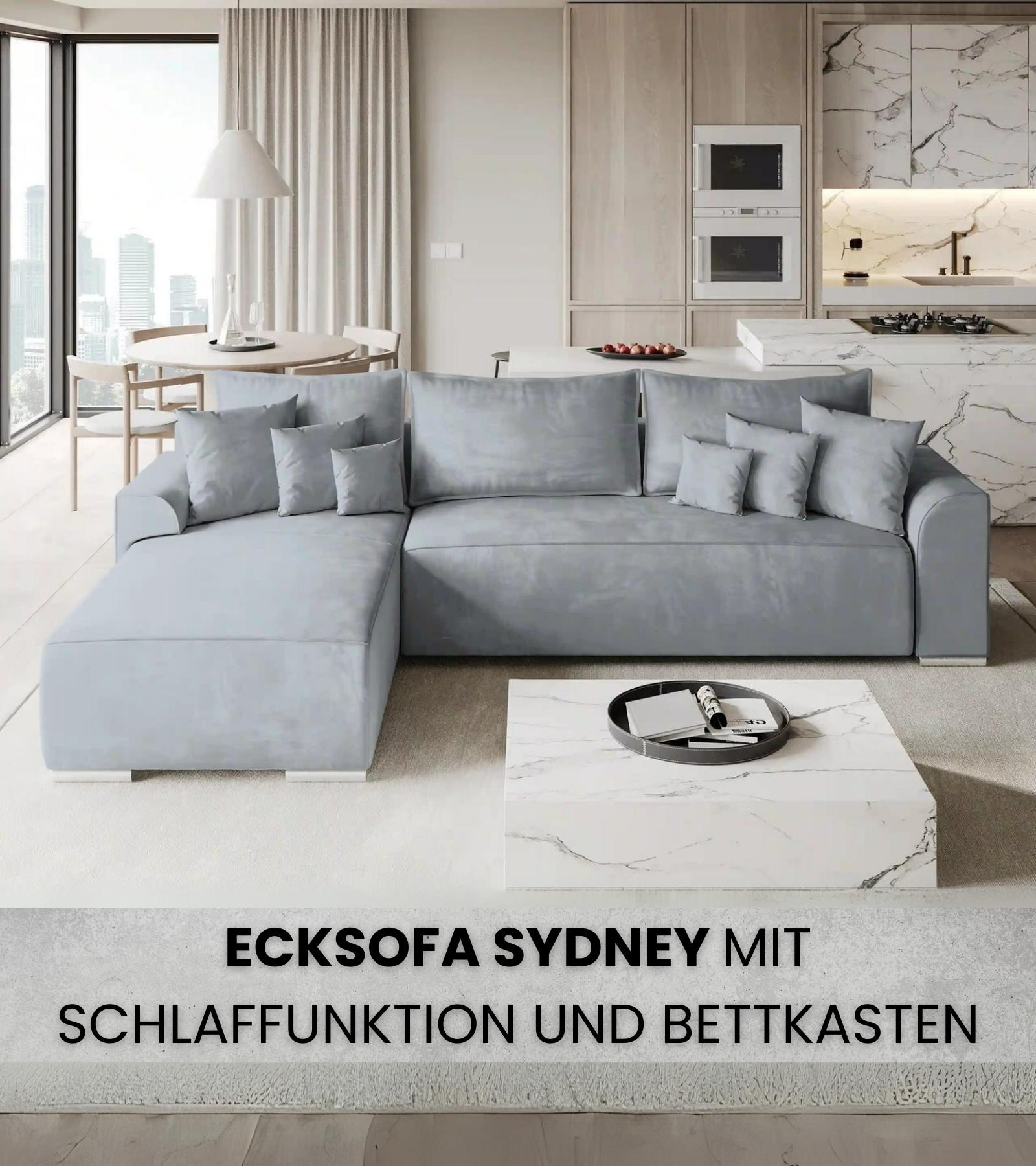 ECKSOFA Sydney mit Schlaffunktion Grau Plüsch - Hellgrau, Textil (280/184cm) - Bromarkt