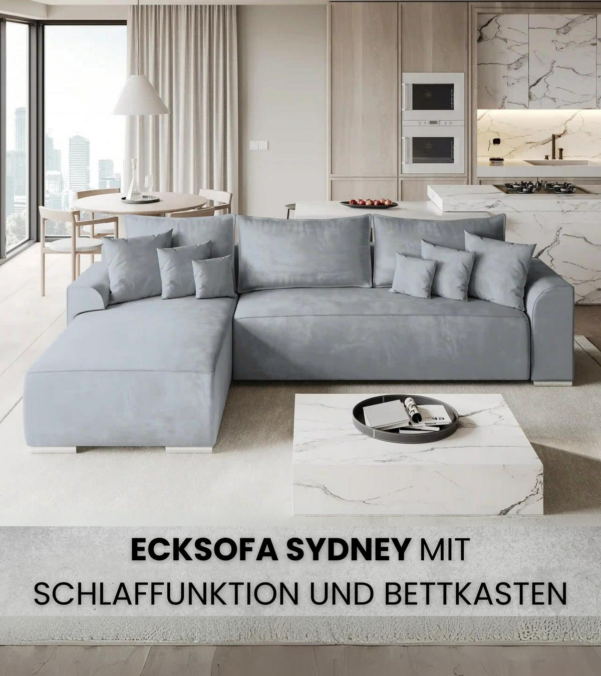 ECKSOFA Sydney mit Schlaffunktion Grau Plüsch - Hellgrau, Textil (280/184cm) - Bromarkt