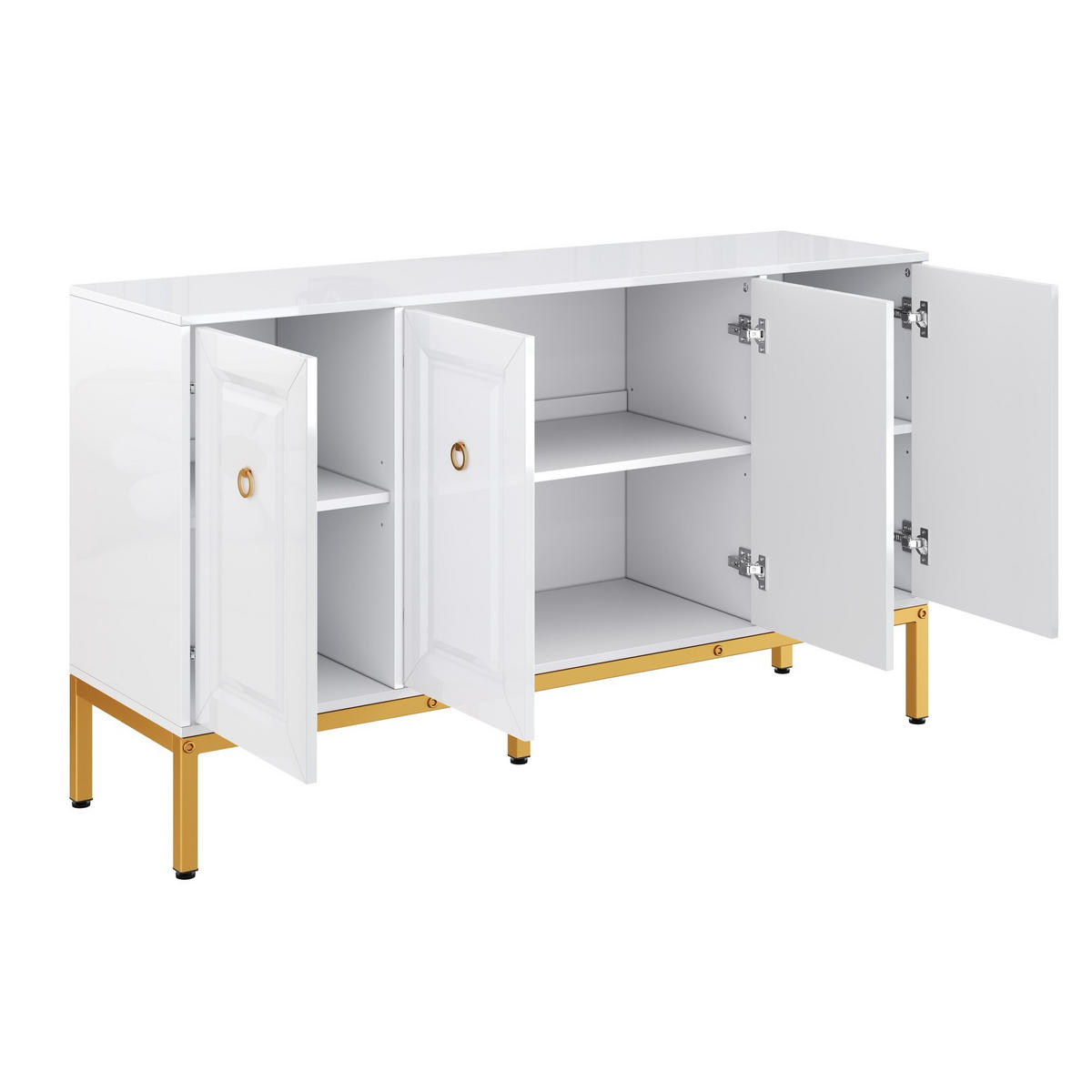 SIDEBOARD 140/40/80 cm in Weiß Hochglanz mit 4 Türen & goldfarbenen Metallbeinen - Weiß, Holzwerkstoff (140/80/40cm) - BEAOK