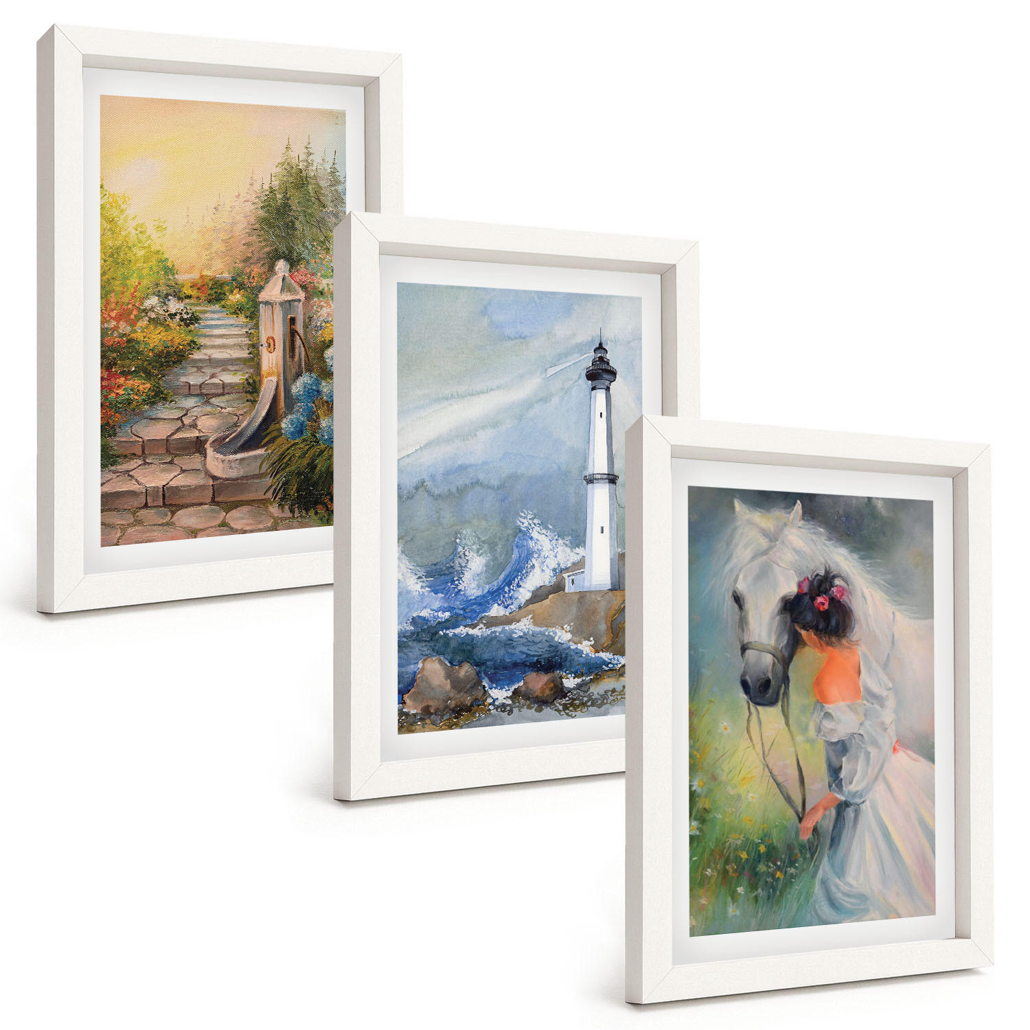 BILDER SET 3er Set - 20x30 cm Weißer Rahmen - Landschaft Leuchtturm Pferd Mädchen - Weiß, Kunststoff (20/30cm) - TULUP