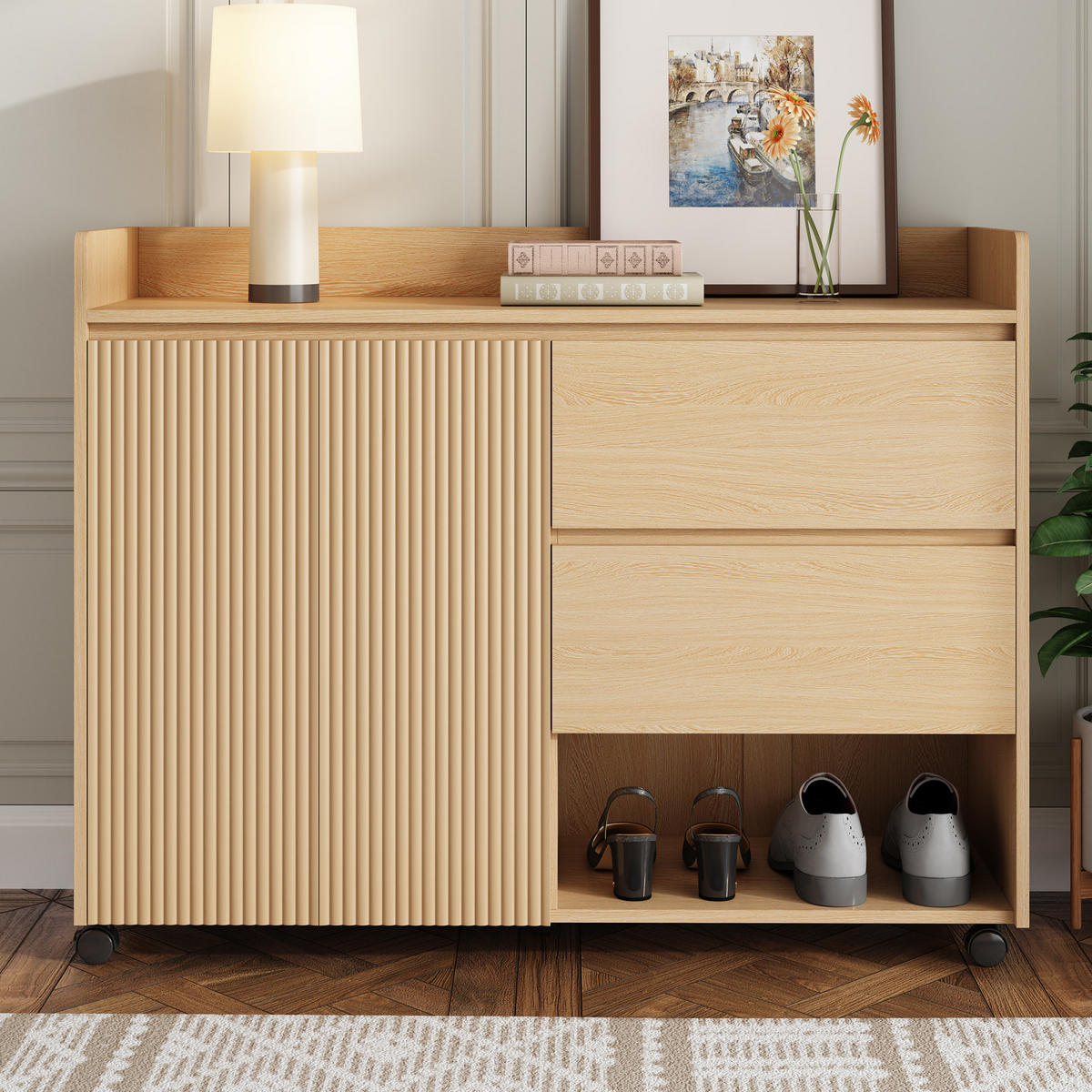 SCHUHSCHRANK auf Rollen, verstellbare Böden, Soft-Close - Kastanienfarben, Holz (110/86/35cm)