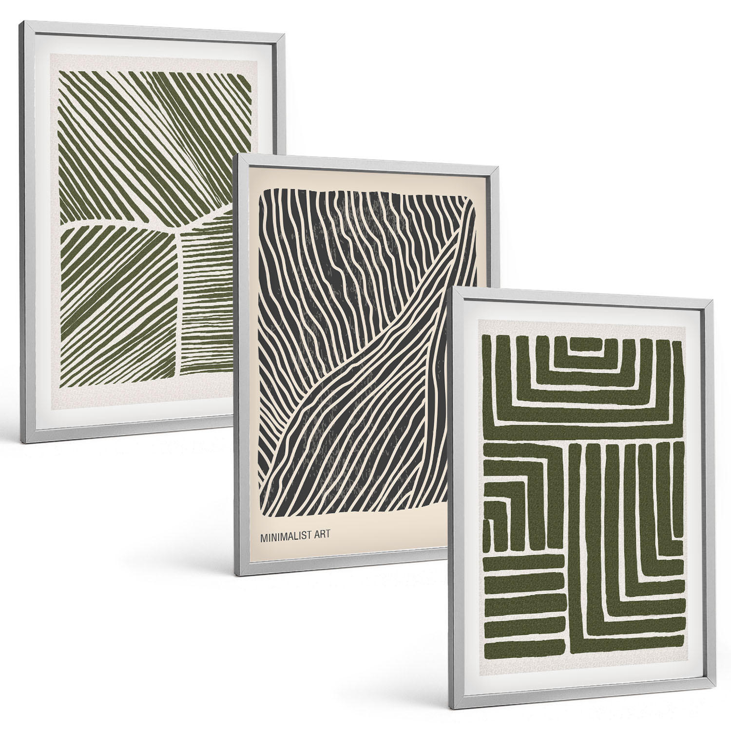 BILDER SET 3er Set - 40x60 cm Silberner Rahmen - Muster Linien Formen grün - Silberfarben, Kunststoff (40/60cm) - TULUP