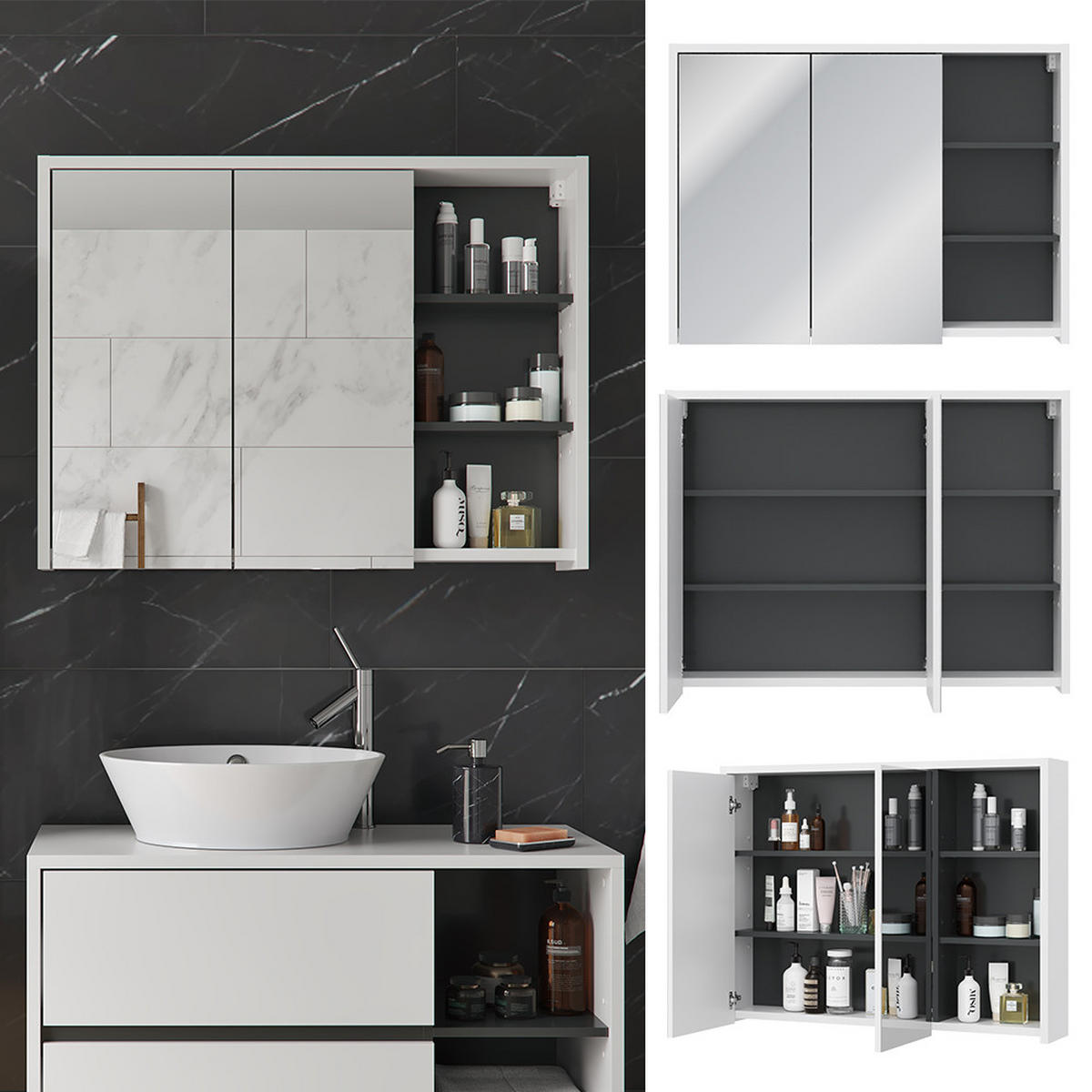 BADSPIEGELSCHRANK Viola Weiß/Anthrazit 100 x 75 cm - Anthrazit/Weiß, Holzwerkstoff (100/75/18cm) - Vicco