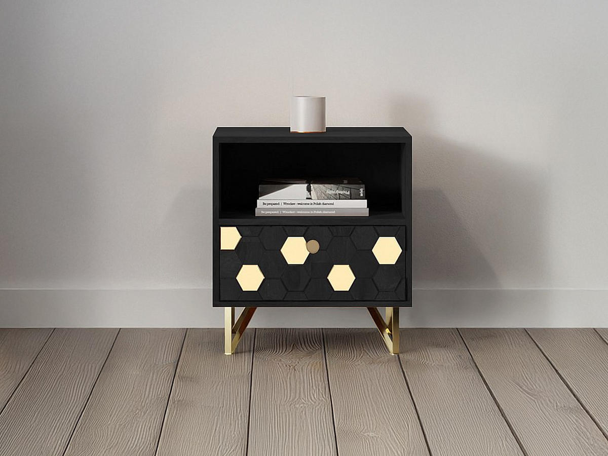 NACHTTISCH mit 1 Schublade & 1 Ablagefach - Mangoholz & Metall - Schwarz & Goldfarben - BELORI - Schwarz, Holz (945/50/38cm) - Vente-Unique