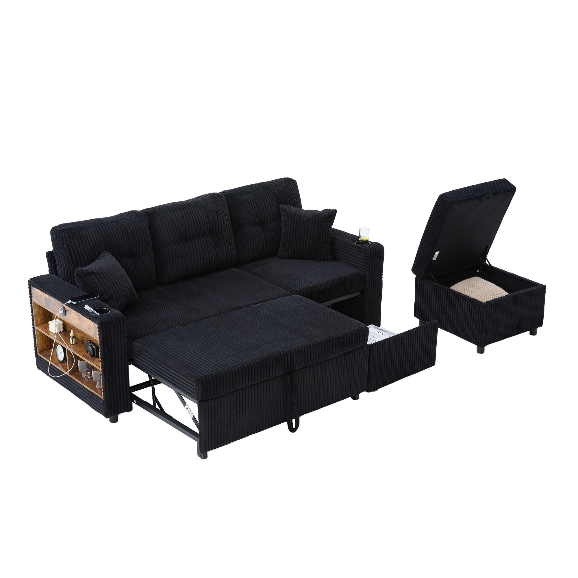 SCHLAFSOFA 3-er Sofa mit Schlaffunktion,Aufbewahrungshocker,Cord,Schwarz - Schwarz, Textil (196/85/119cm) - LVHOM
