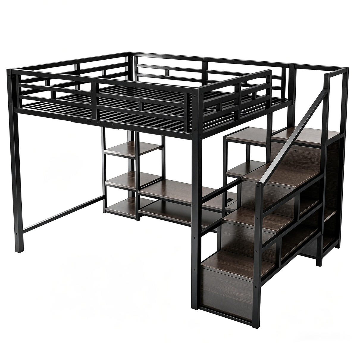 HOCHBETT mit TV-Ständer, Steckdose und Leiter, schwarz, 140/200 cm - Schwarz, Metall (140/200cm) - MIVRAY