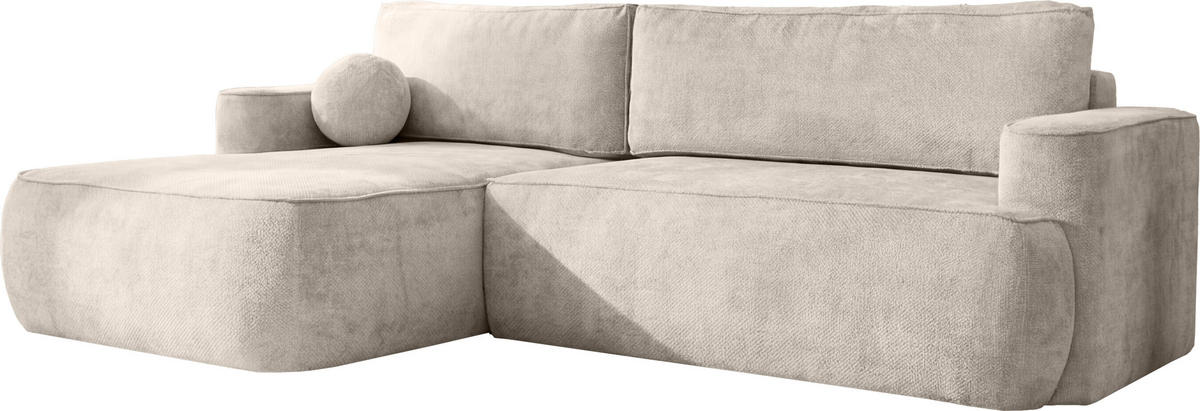 ECKSOFA Marion mit Schlaffunktion & Bettkasten in Chenille Creme, Links 267/154/83 cm - Creme/Schwarz, Kunststoff/Textil (267/154cm) - WFL GROUP