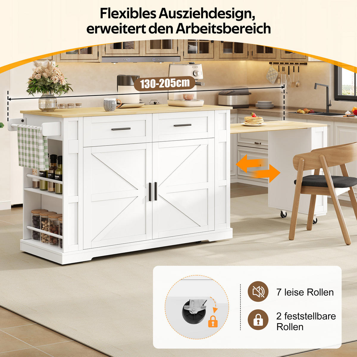 KÜCHENINSEL DE-41365 130(205)/50/93 cm, ausziehbare Arbeitsplatte Weiß - Weiß, Holzwerkstoff (130/93/50cm) - ComfortXL