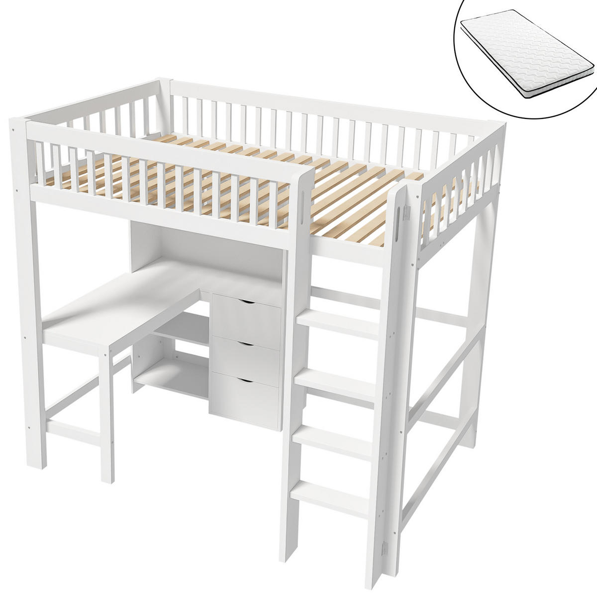 HOCHBETT 90/200 cm Weiß mit Schreibtisch und mehreren Ablagefächern mit Matratze - Weiß, Holzwerkstoff (90/200cm) - OKWISH