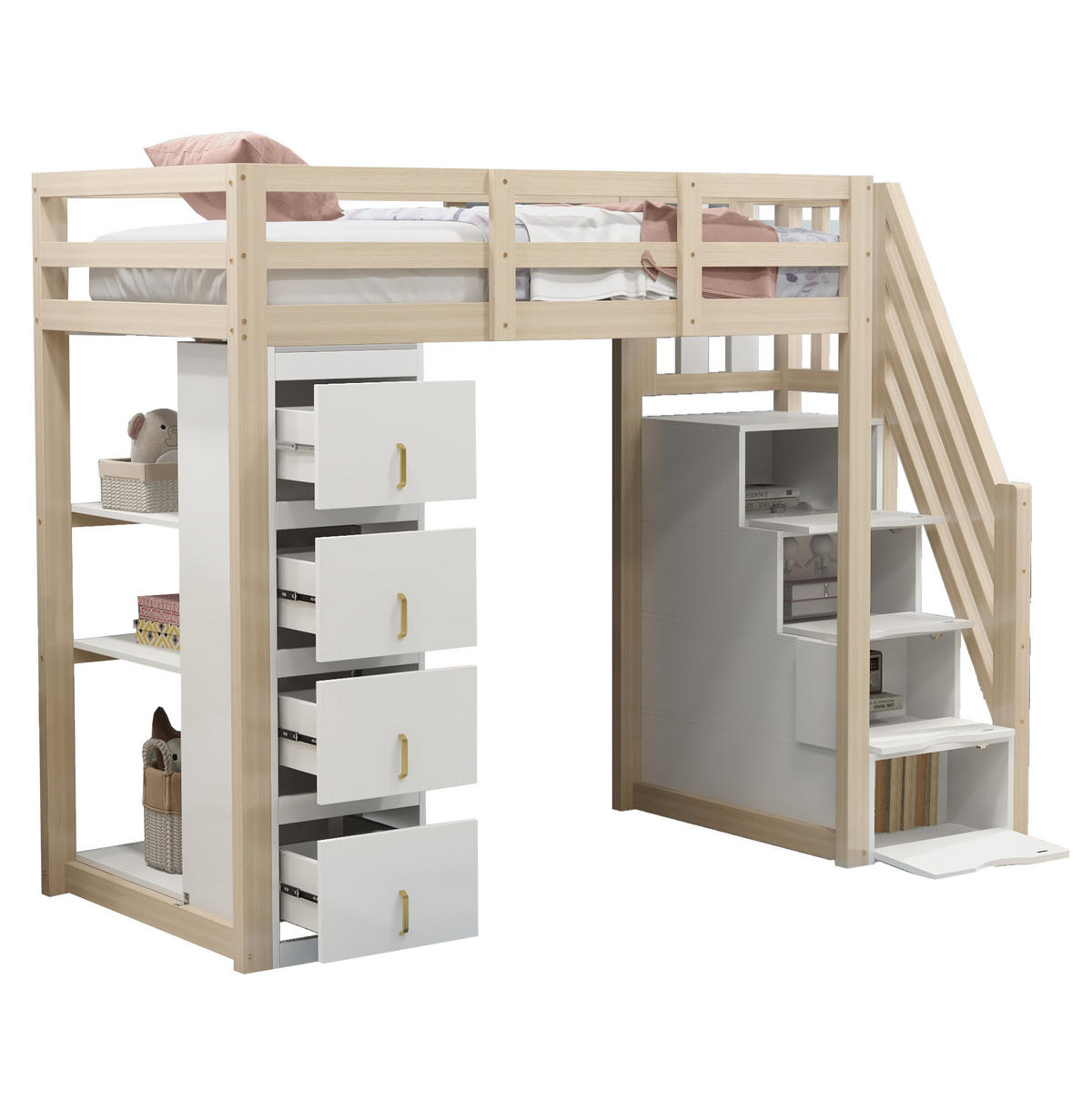 HOCHBETT 90/200 cm aus Massivholz mit Stauraumschubladen und Regal mit Matratze - Weiß, Holzwerkstoff (90/200cm) - OKWISH