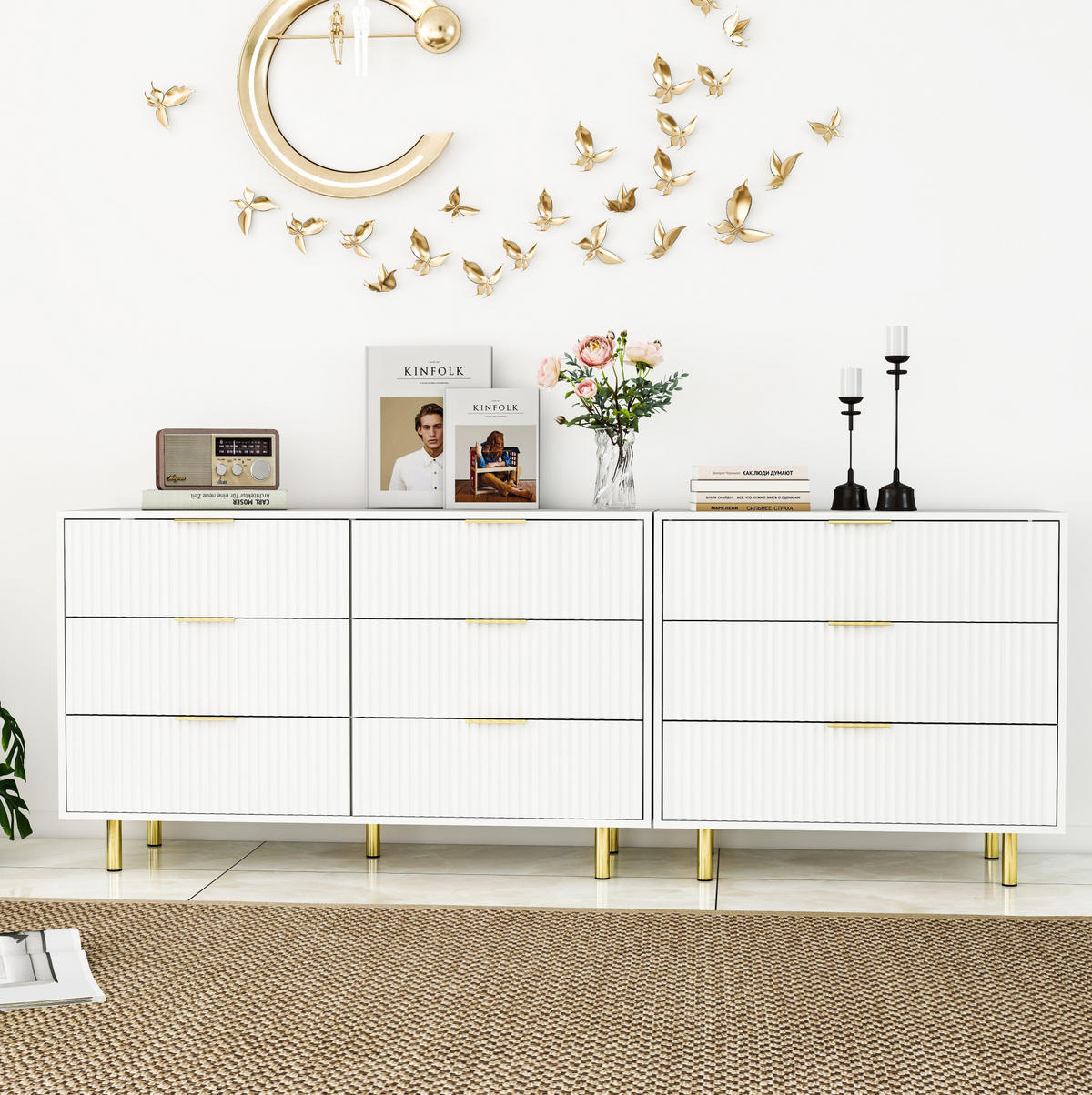 SIDEBOARD aus MDF 200x40x72 cm Weiß mit 9 Schubladen, modularer Aufstellung und goldfarbenen Metallbeinen - Weiß, Holzwerkstoff (200/72/40cm) - Modfu
