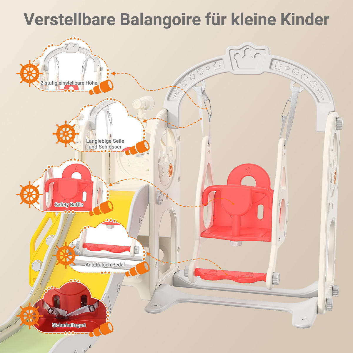 6-IN-1 RUTSCHE Kinder Weiß Mit Klettergerüst, Schaukel & Teleskop - Weiß, Holz (150/115/150cm)