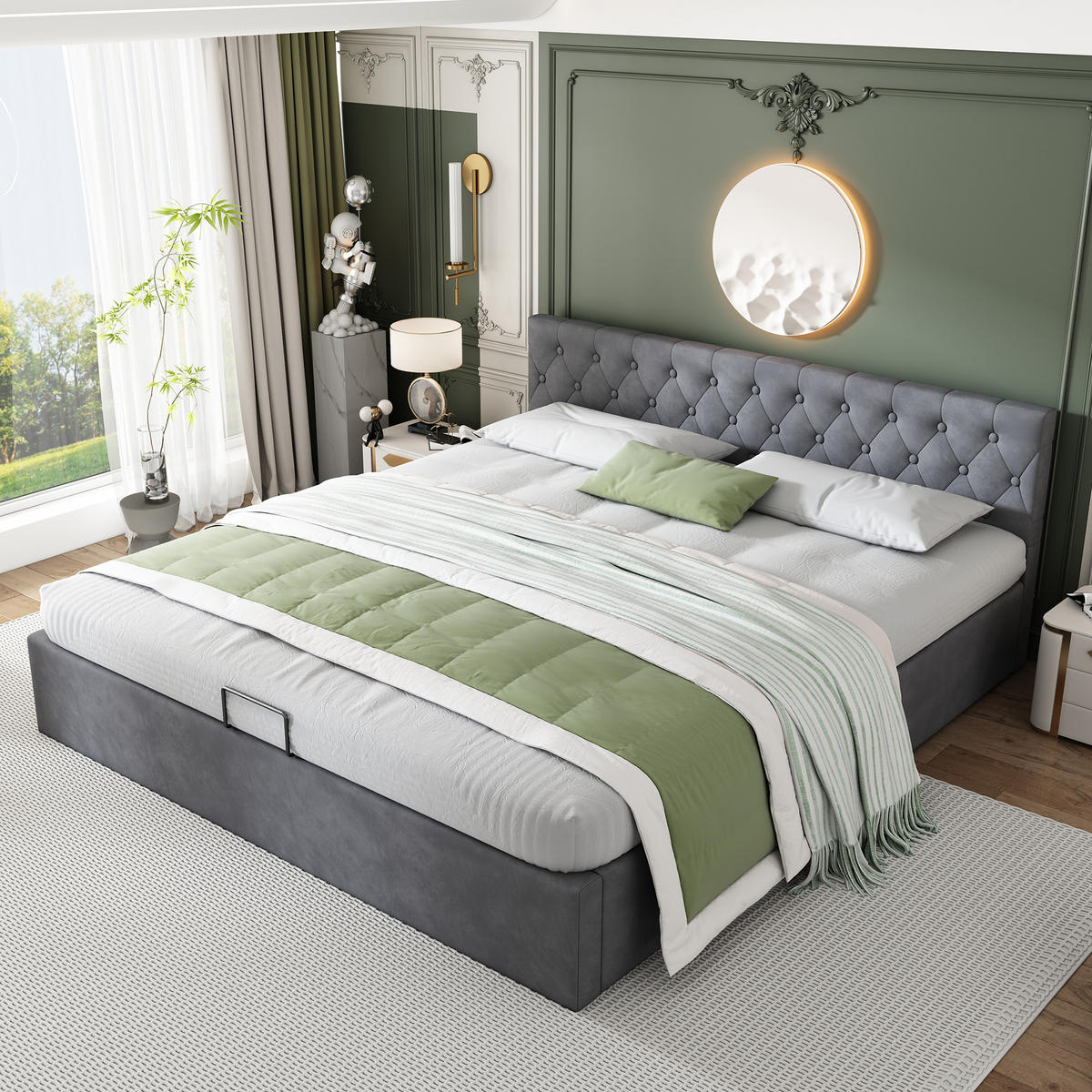POLSTERBETT 180/200 cm Grau mit hydraulischem Bettkasten und geknöpftem Kopfteil - Grau, Textil (180/200cm) - OKWISH