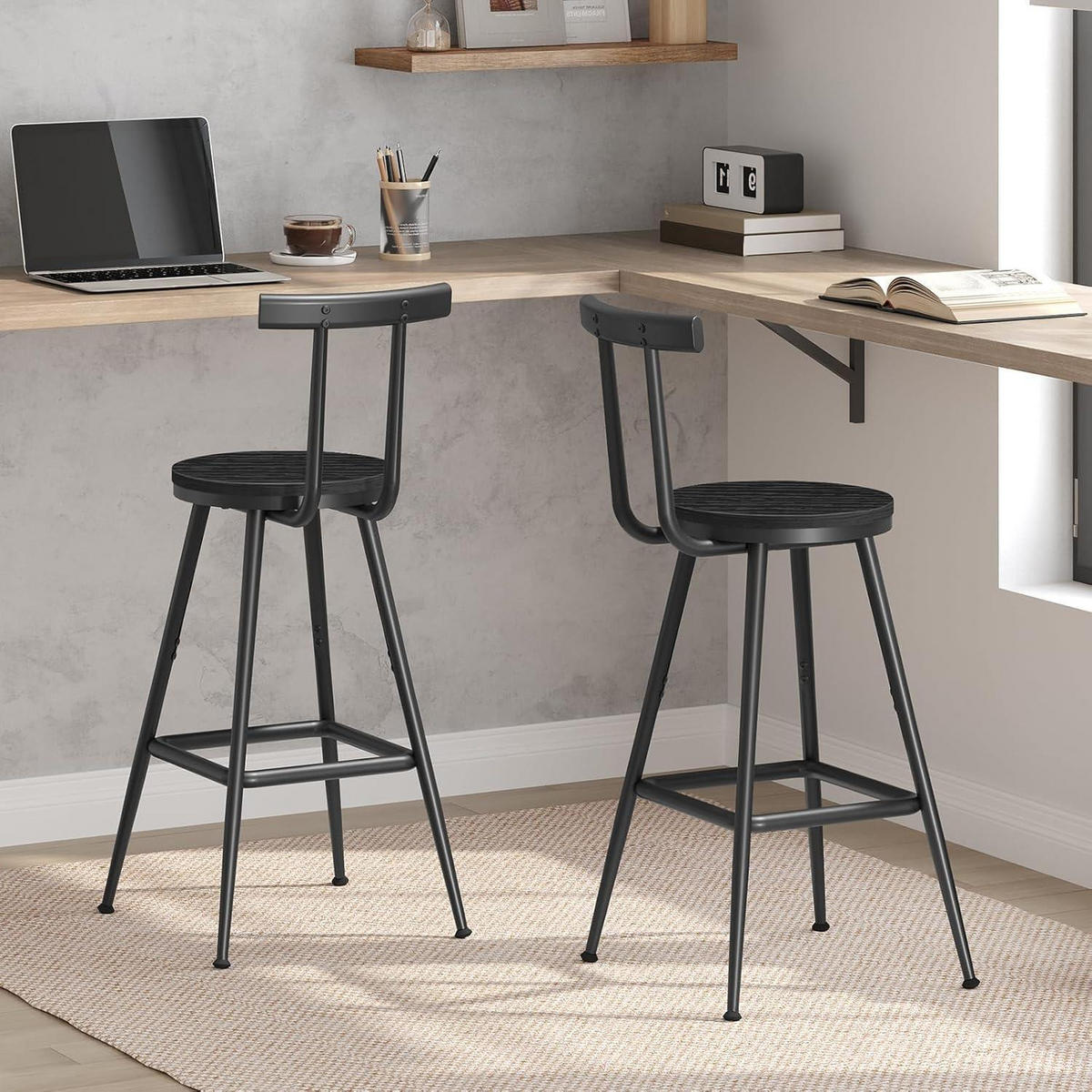 BARHOCKER 2er Set mit Rückenlehne Schwarz - Schwarz, Metall (32/96/32cm)