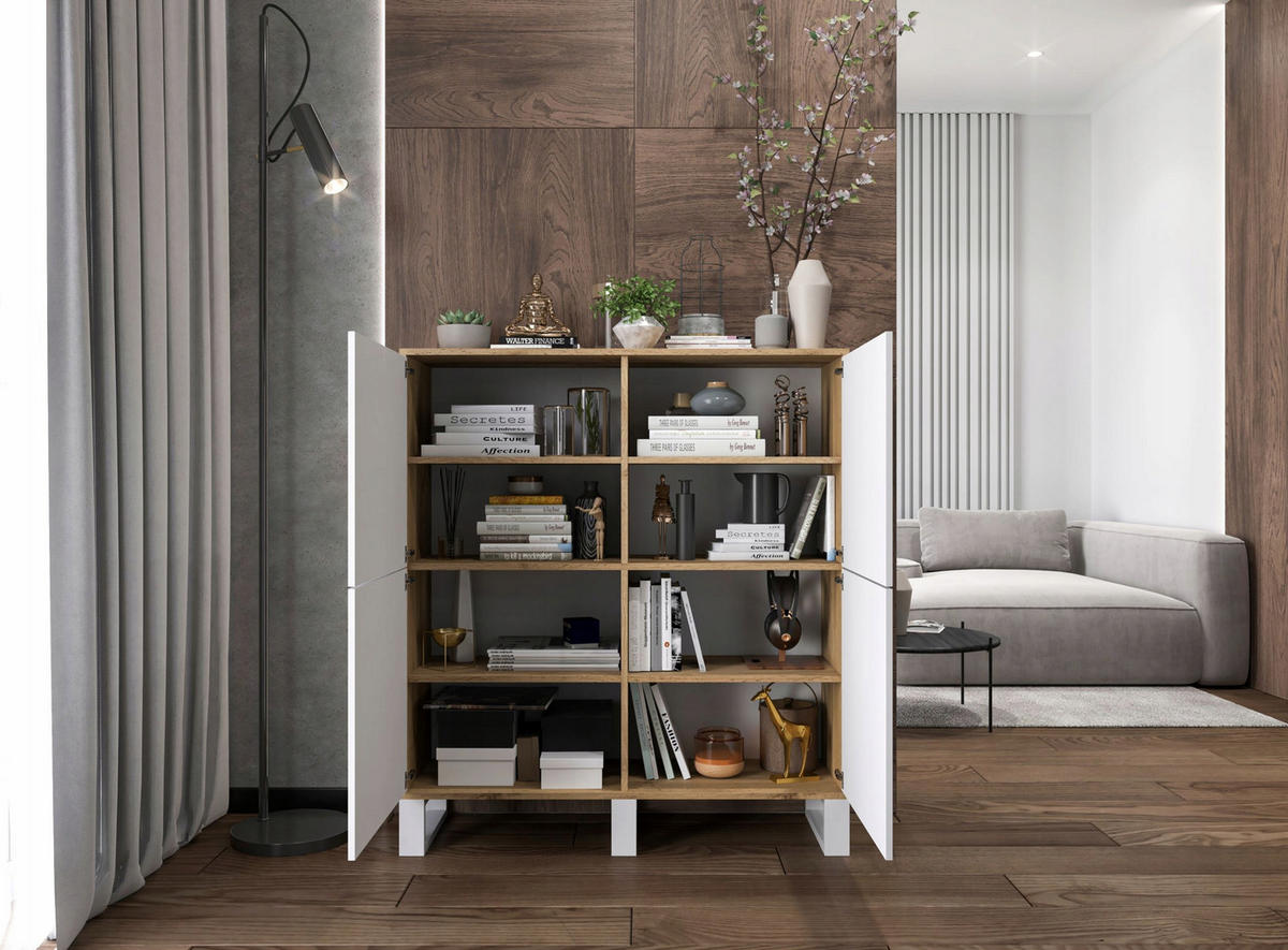 KOMMODE Apollo 4D Eiche wotan Weiß Matt mit metallbeinen 113 cm - Weiß, Holzwerkstoff/Metall (113/127/35cm) - Meble Lindner