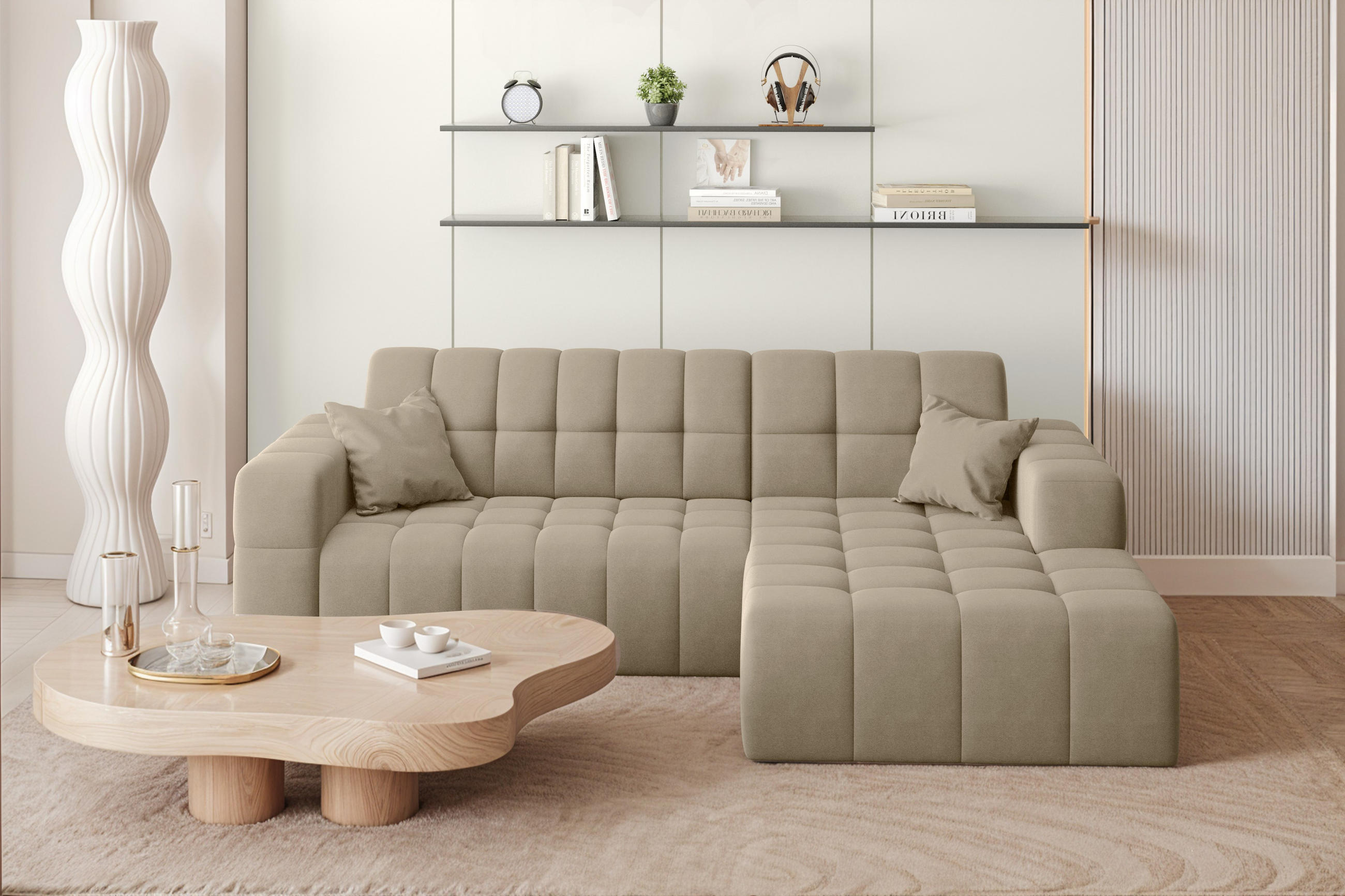 ECKSOFA L-förmiges Nimes Velours Stoff Beige Rechts - Beige, Holz/Kunststoff (265/168cm) - Kaiser Möbel