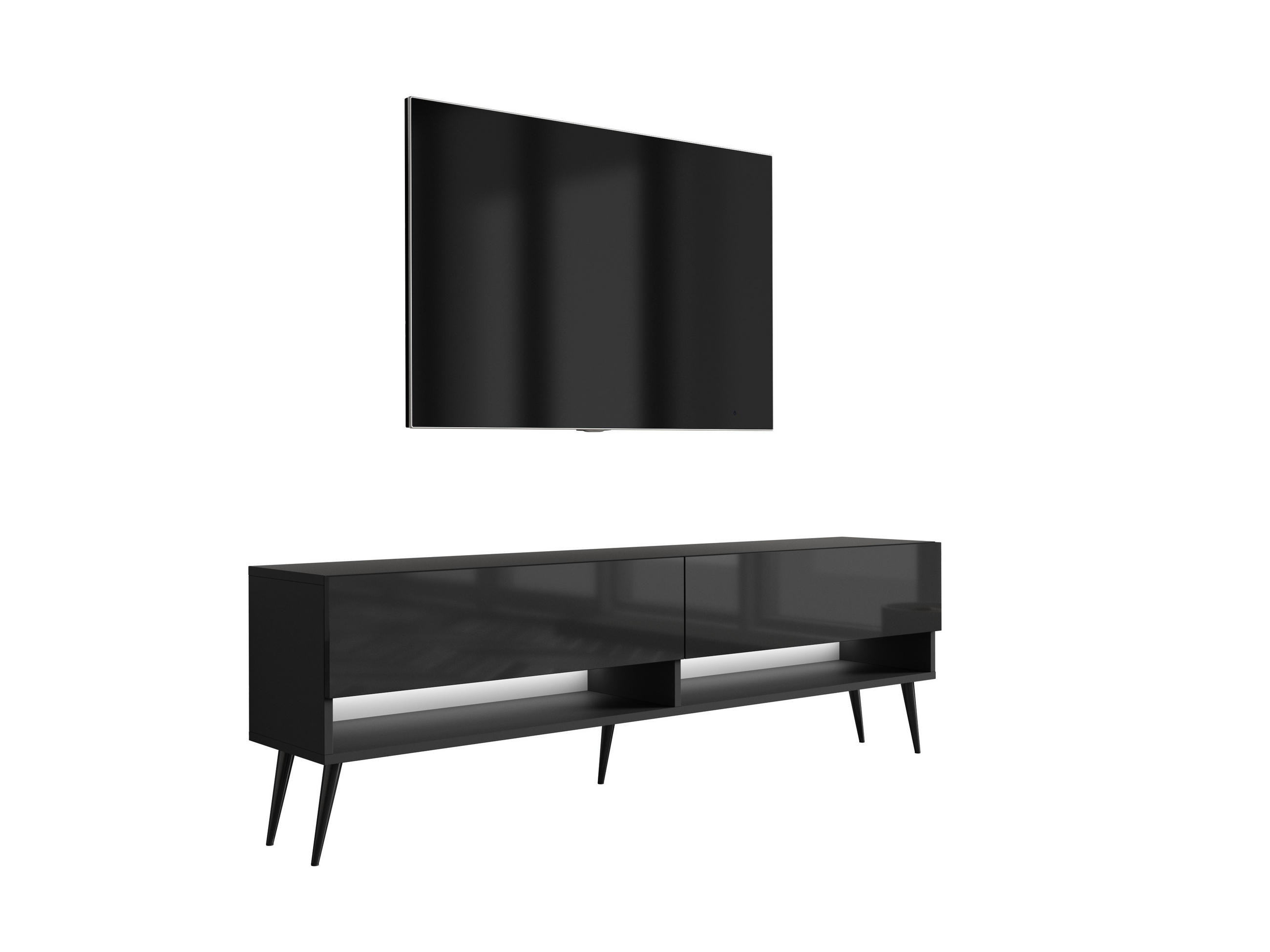 TV-LOWBOARD 170 cm Mattschwarz / Hochglanzschwarz, schwarze schräge Beine, weiße LED, 170 × 32 × 52 cm - Schwarz, Holzwerkstoff (170/52/32cm) - 3XE LIVING