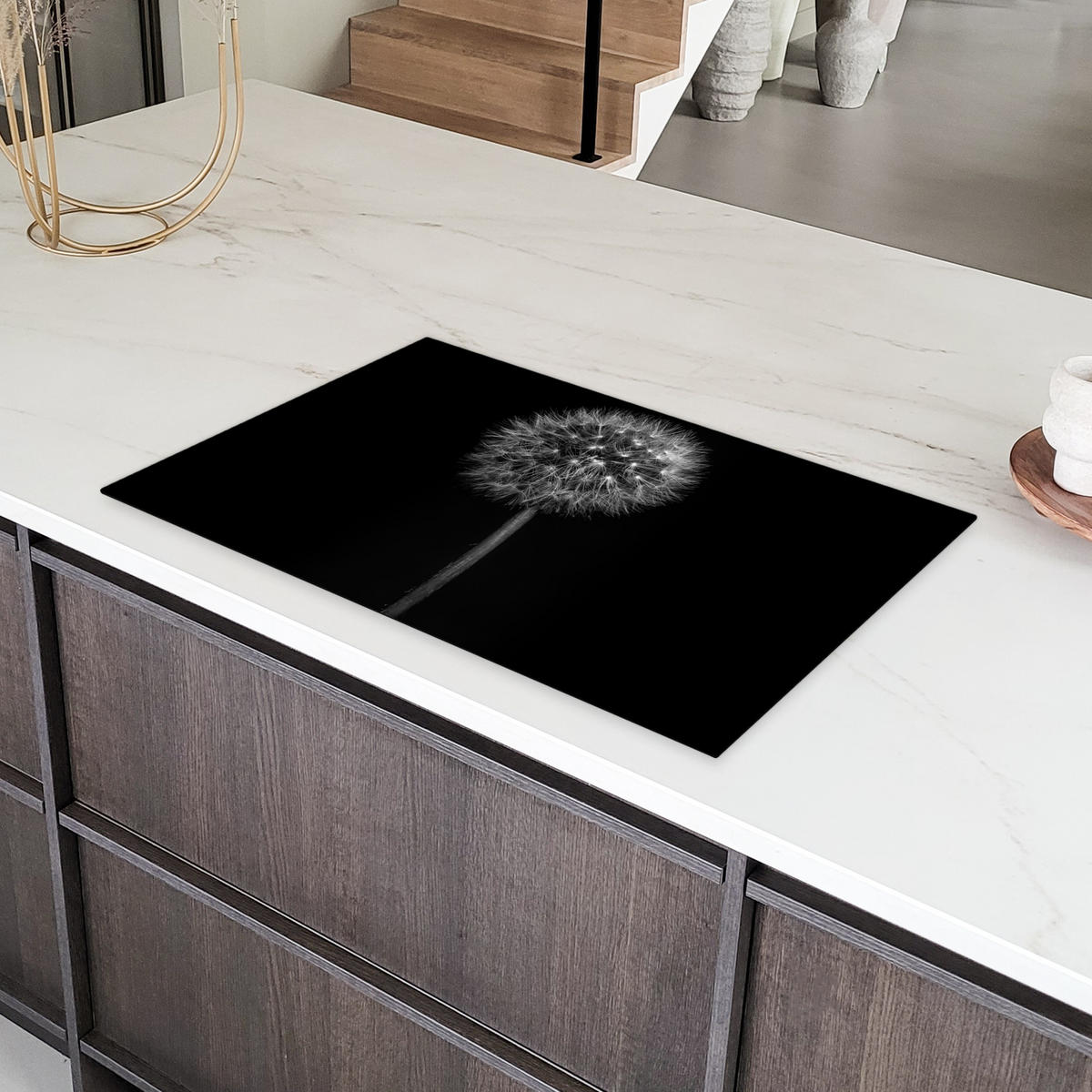 HERDABDECKPLATTE Löwenzahn - Schwarz - Floral - Botanisch 85x52 cm - Grau, Kunststoff (85/52/0.2cm) - MuchoWow