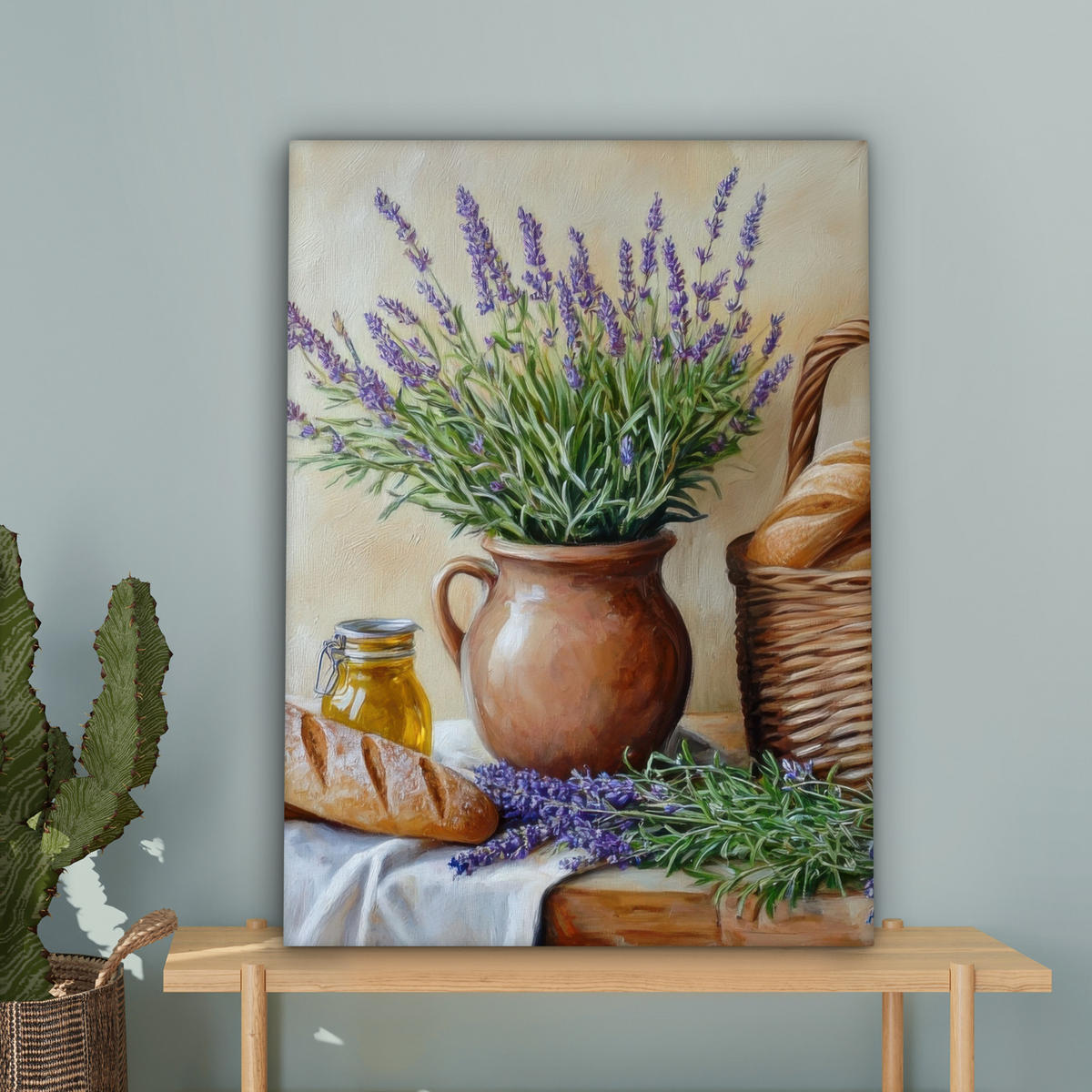 LEINWANDBILD Lavendel - Brot - Stilleben Wandbild Wohnzimmer 60x80 cm - Flieder, Textil (60/80cm) - MuchoWow