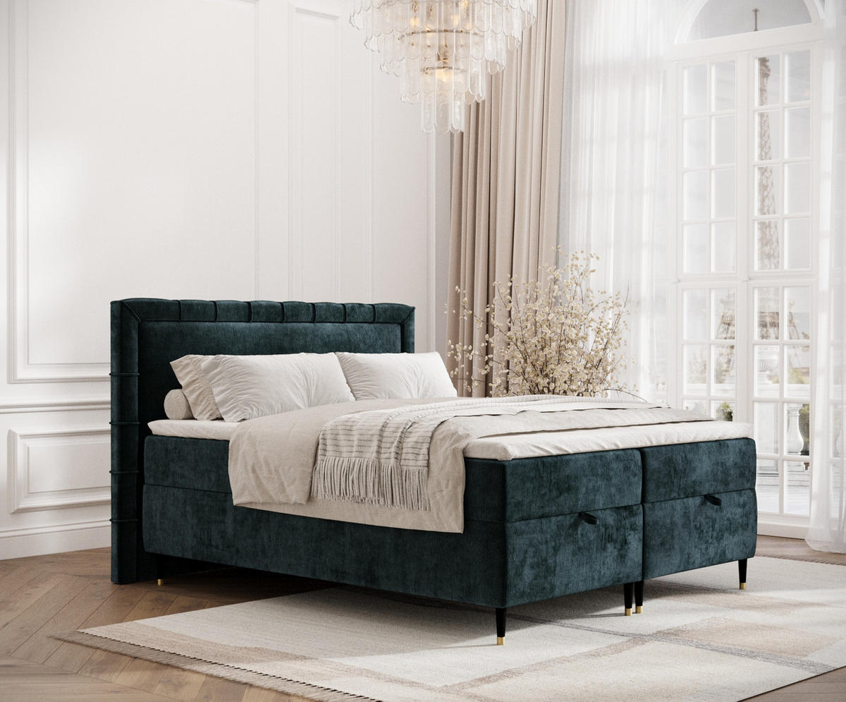 BOXBETT Monpelli Türkisfarben 140/200 cm mit Matratze und Topper - Türkis/Schwarz, Holz/Holzwerkstoff (140/200cm) - Maison de Reve