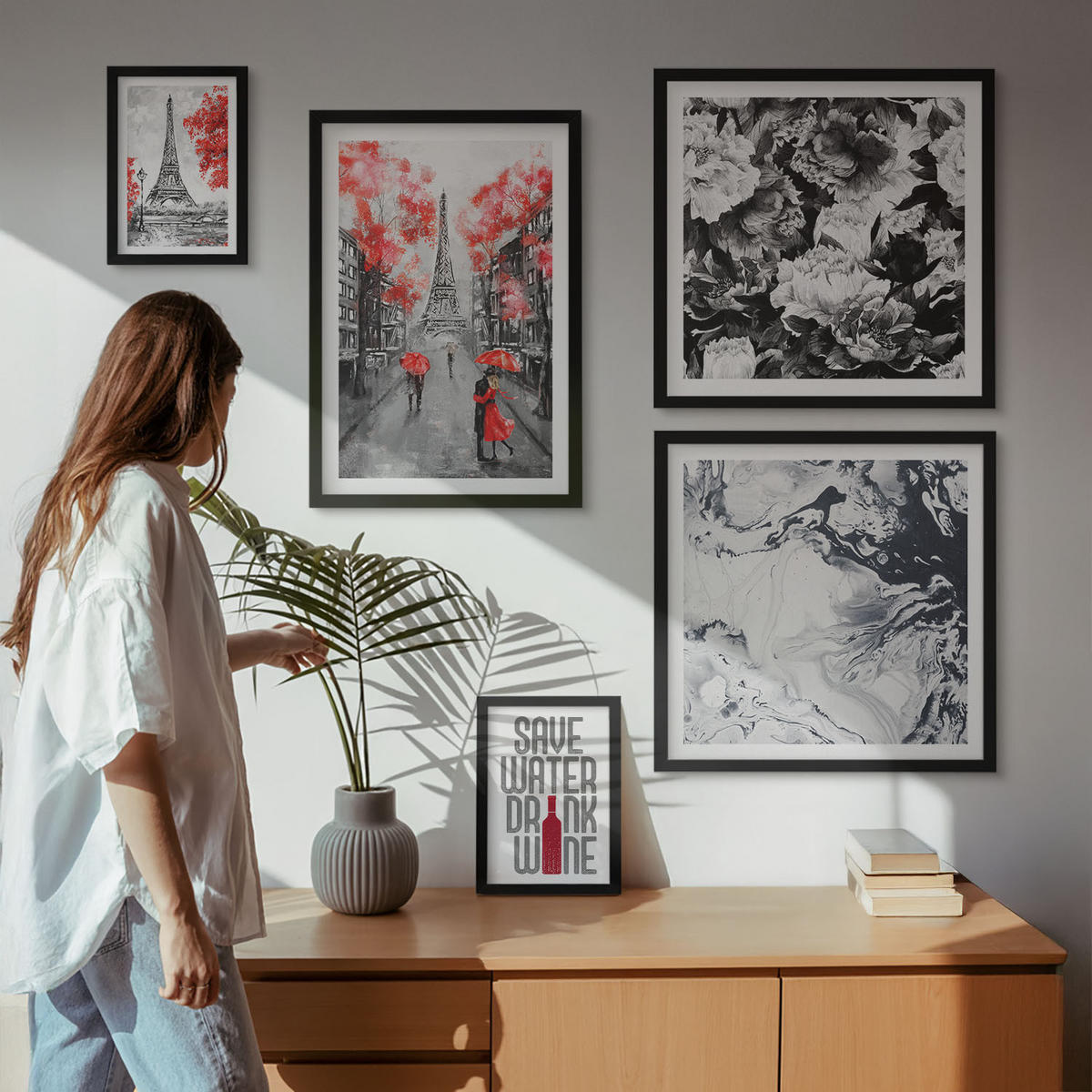 WANDBILDER 5er-Set - 50x50 cm & 20x30 cm & 40x60 cm Schwarzer Rahmen - graue Gemälde des Eiffelturms - Schwarz, Kunststoff (40/60cm) - ArtPrintCave