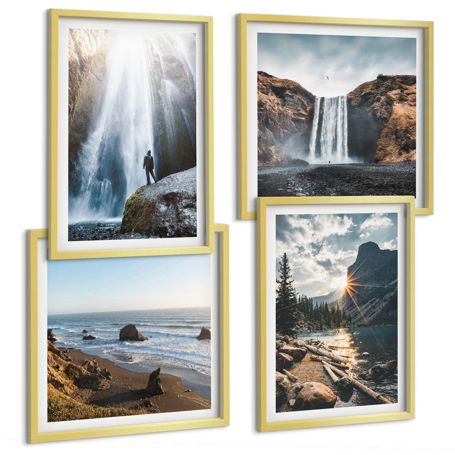 BILDER SET 4er Set - 50x50 cm & 40x60 cm Goldrahmen - Wasserfälle, Berge, Landschaften, Natur - Goldfarben, Kunststoff (50/50cm) - TULUP