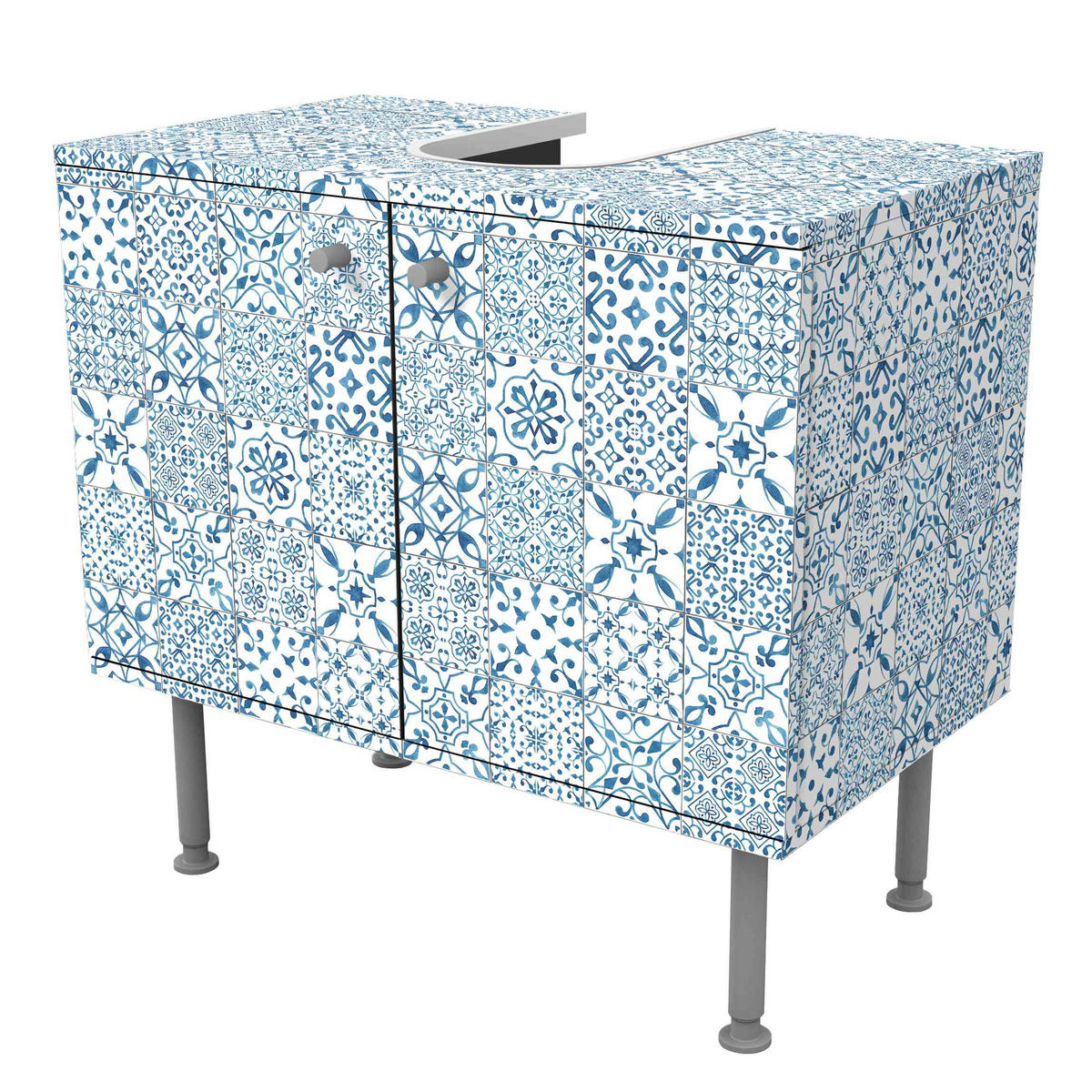 WASCHBECKENUNTERSCHRANK Musterfliesen Blau Weiß 60/55/35 cm - Blau, Holzwerkstoff (60/55/35cm) - Bilderwelten