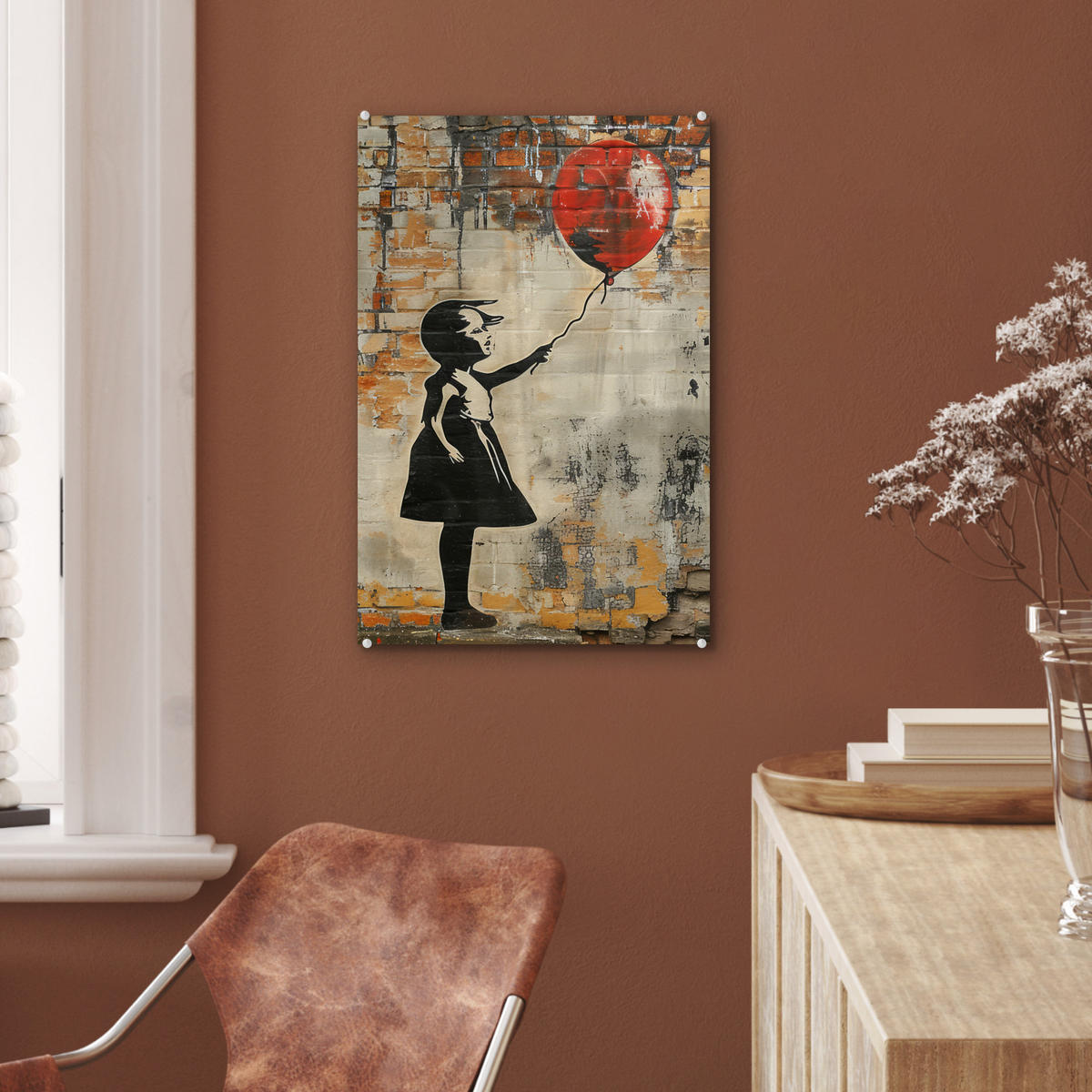 ACRYLGLASBILD Graffiti - Banksy - Mädchen - Straßenkunst 40x60 cm - Sandfarben, Glas (40/60cm) - MuchoWow