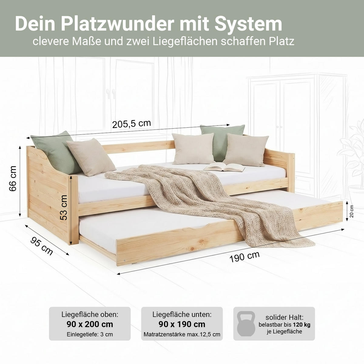 AUSZIEHBETT 90/200 cm Natur - Naturfarben, Holz (90/200cm) - Homestyle4u