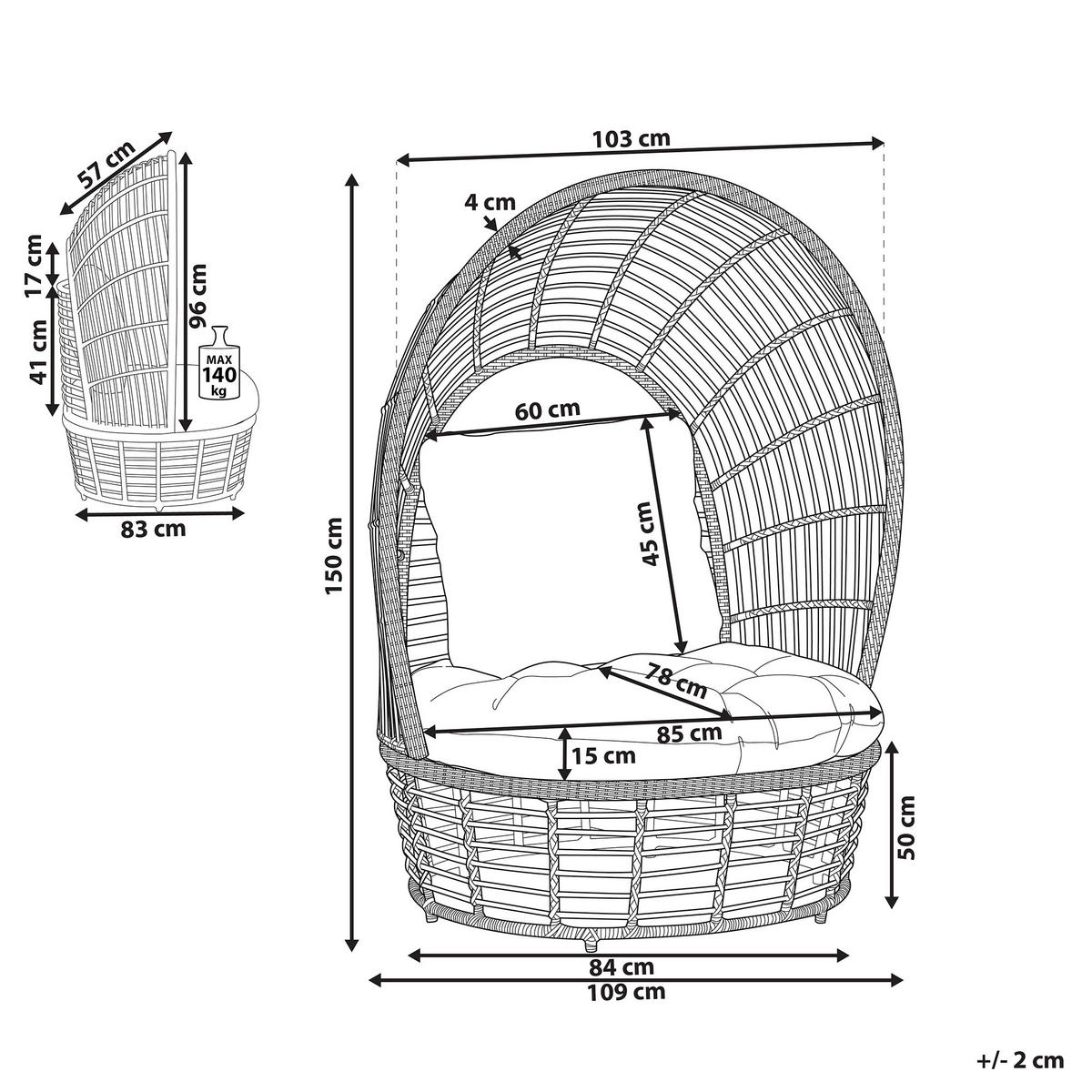 SONNENINSEL Rattan natürlich Kissen weiß Lido - Beige/Weiß, Naturmaterialien (109/150/83cm) - Beliani