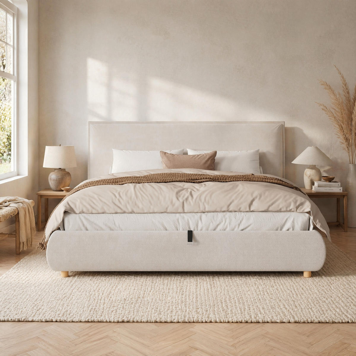 POLSTERBETT 180/200 mit Bettkasten, hydraulischem Stauraum und gepolstertem Kopfteil in Creme - Creme, Holzwerkstoff/Textil (180/200cm) - EVRYAE