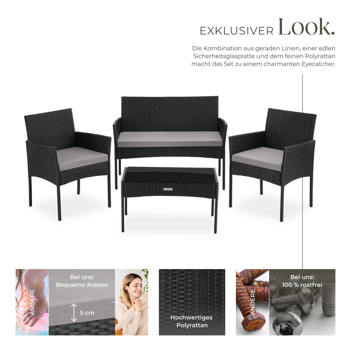 RATTAN GARTENSET Palese,Sofa 250 kg, je Sessel 120 kg,schwarz - Schwarz, Kunststoff - tectake
