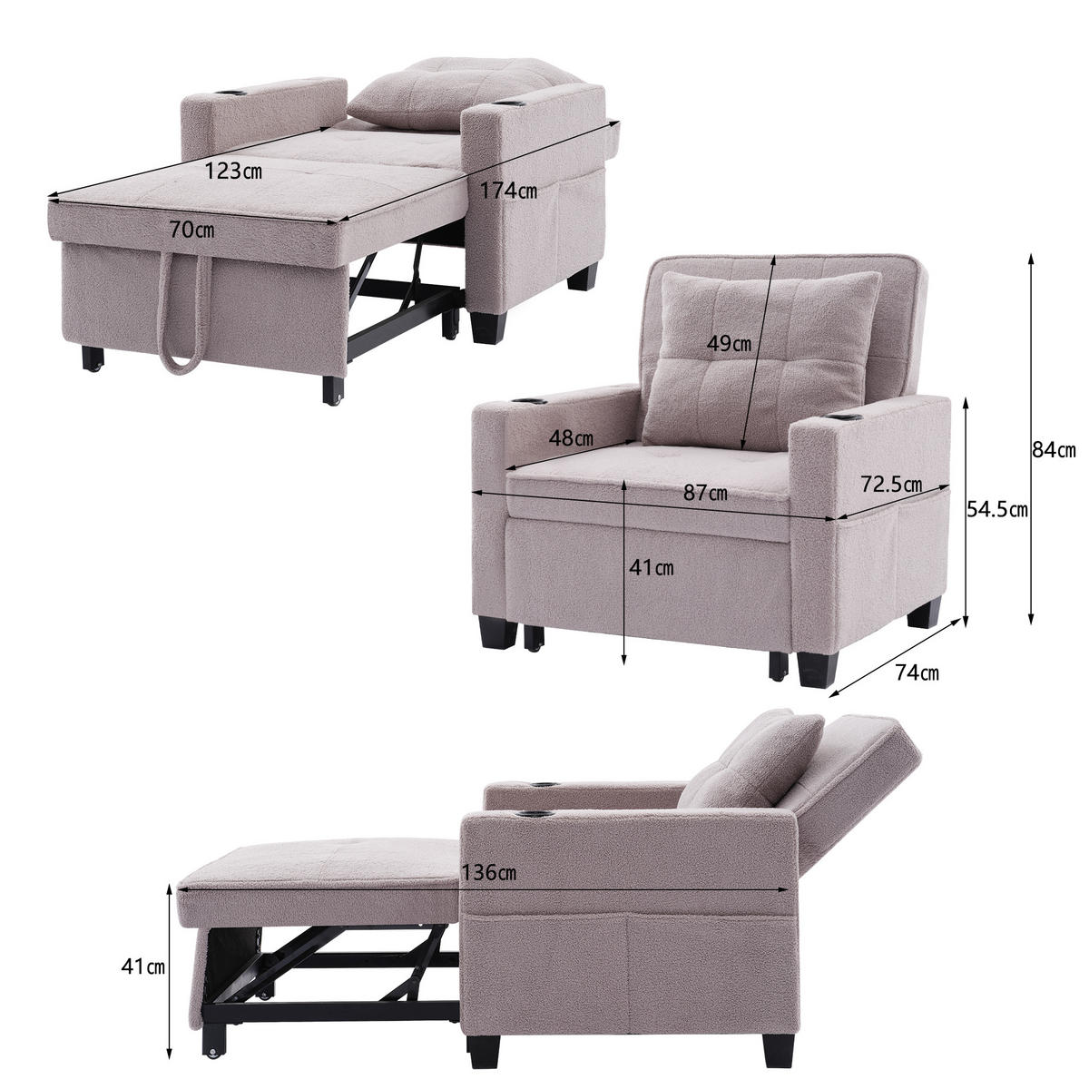RELAXSESSEL 87/74/84 cm Grau mit Getränkehaltern und USB Anschluss - Grau, Textil (74/84/87cm) - Oxeza